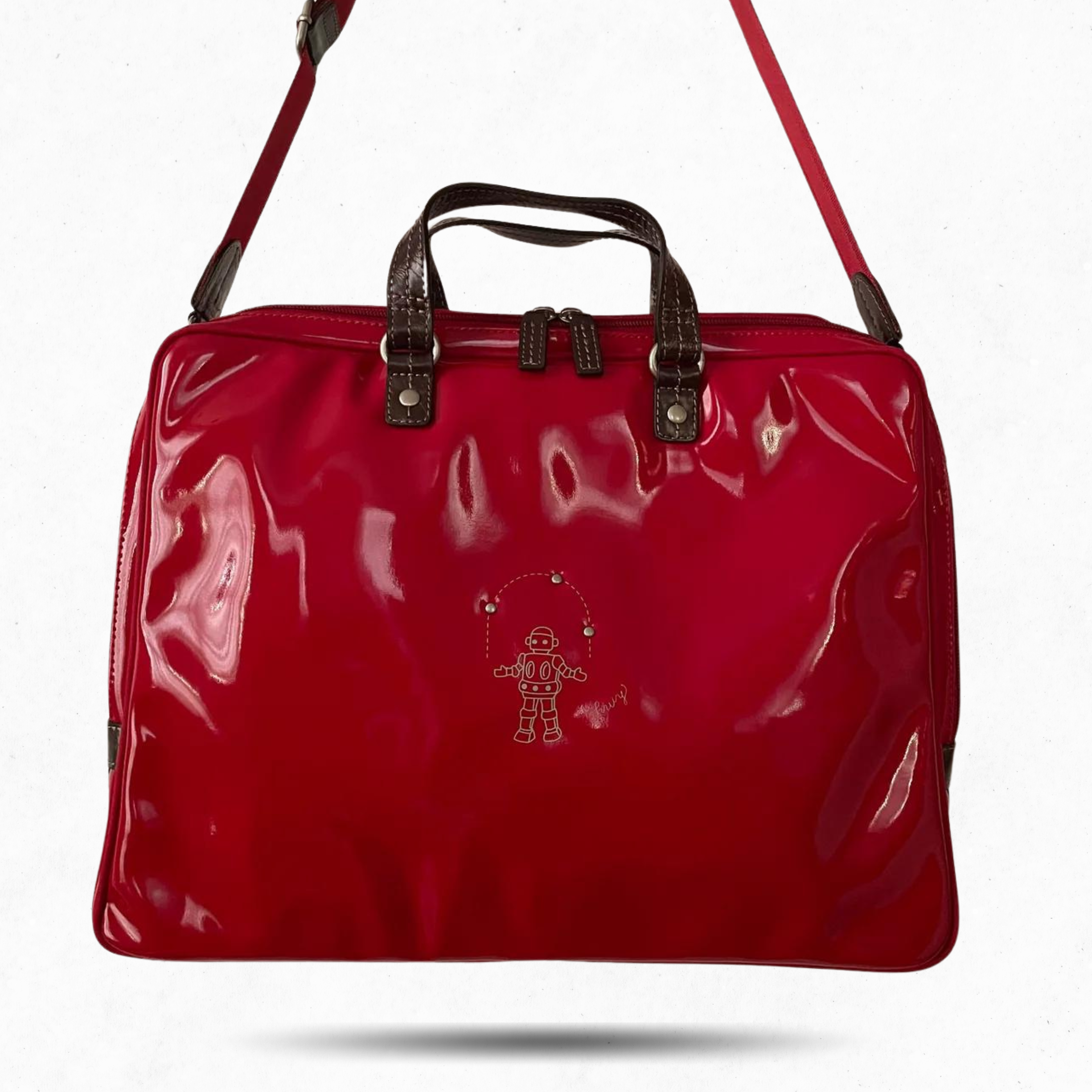 Premium Collection | Large Vegan Enamel Leather Briefcase with Genuine Leather Handles & Juggling Robot Print | Red
