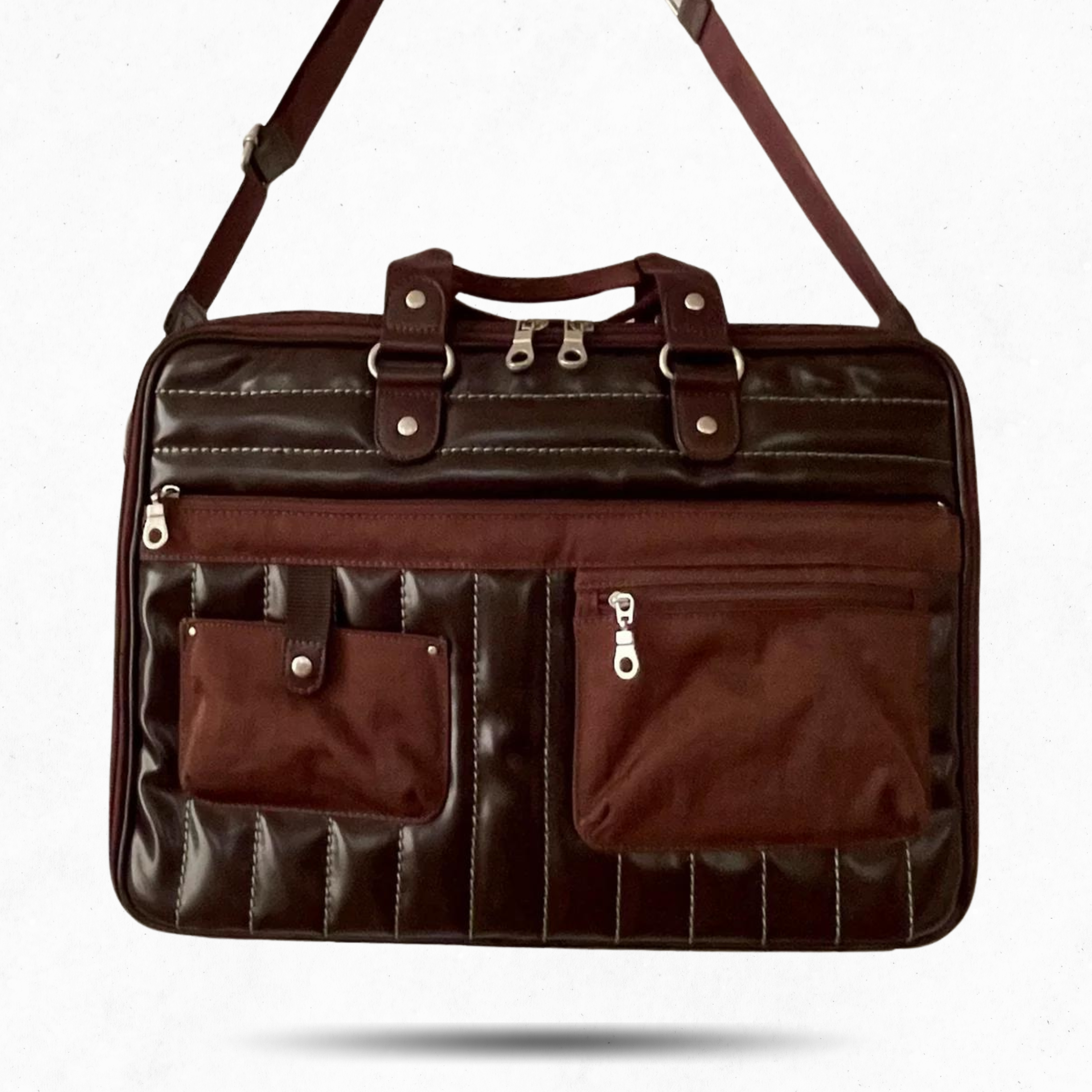 Premium Collection | Vegan Patent Leather x Nylon x Leather Handles Briefcase with Stripe Stitch Accents | Dark Chocolate