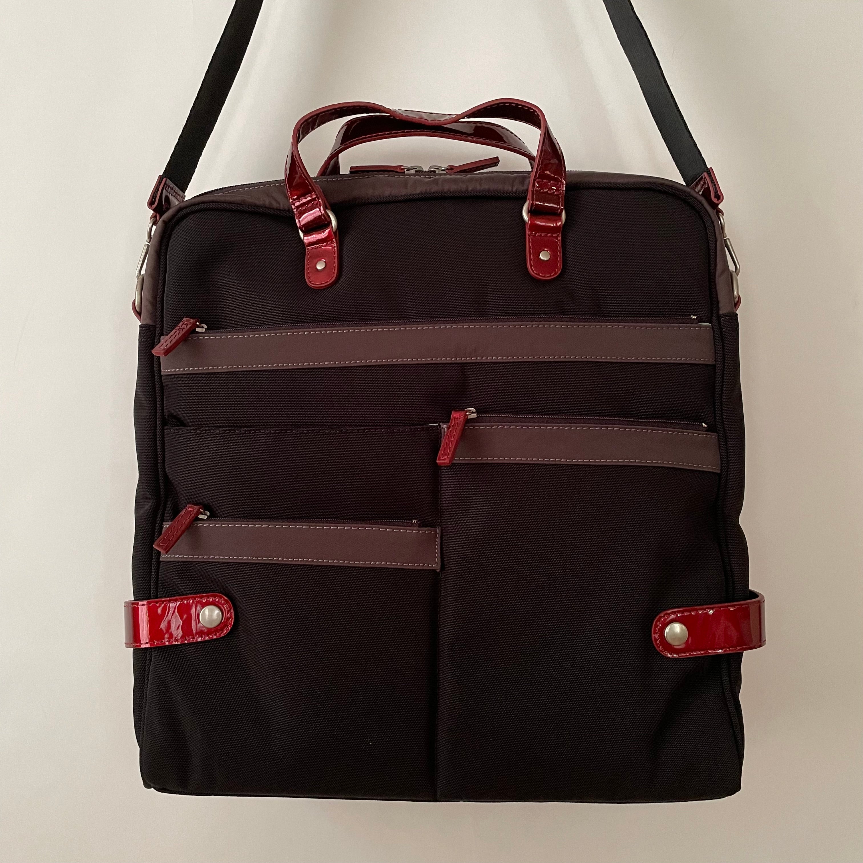 Premium Collection | Tall Nylon x Leather Briefcase with Stripe Stitch Accents | Black x Wine