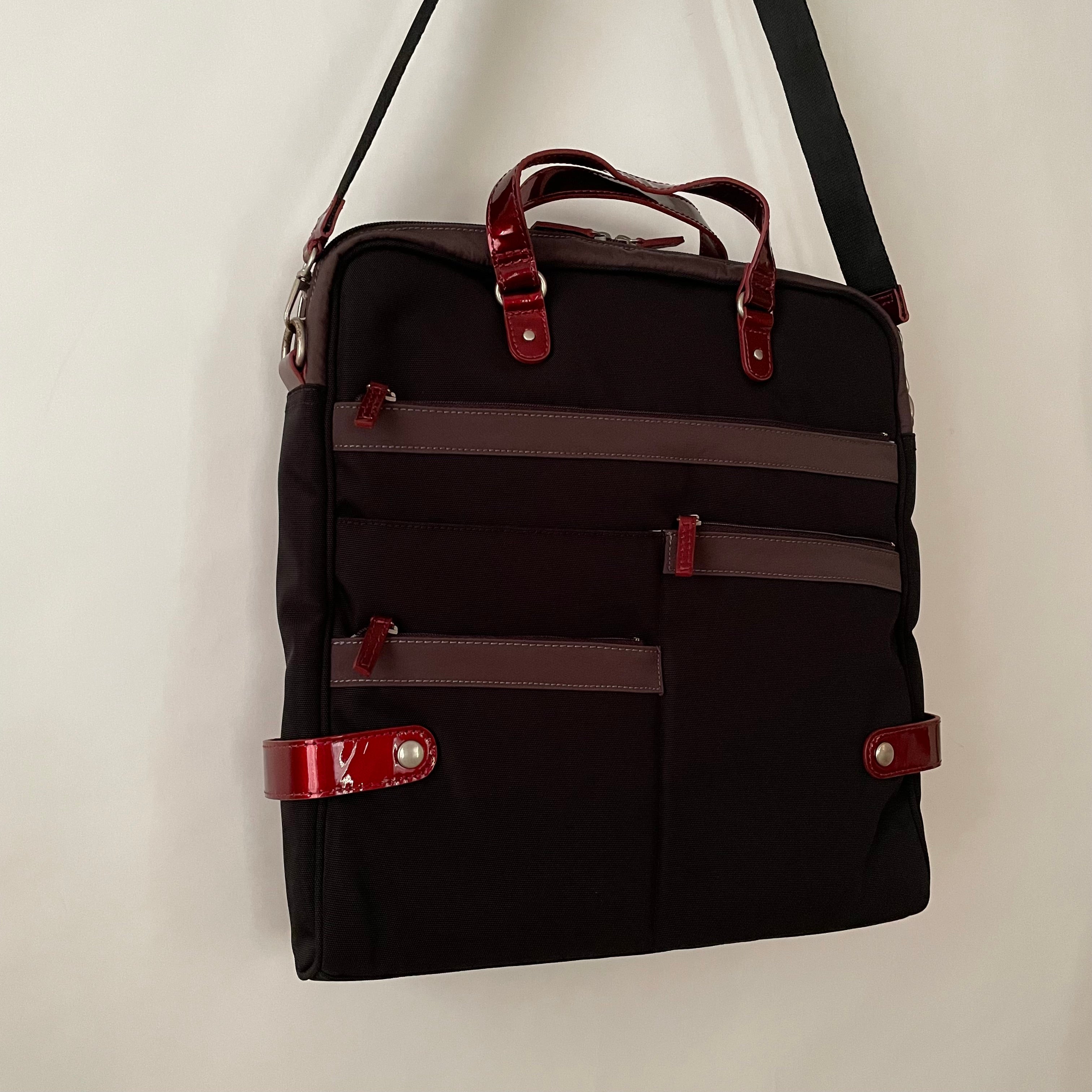 Premium Collection | Tall Nylon x Leather Briefcase with Stripe Stitch Accents | Black x Wine
