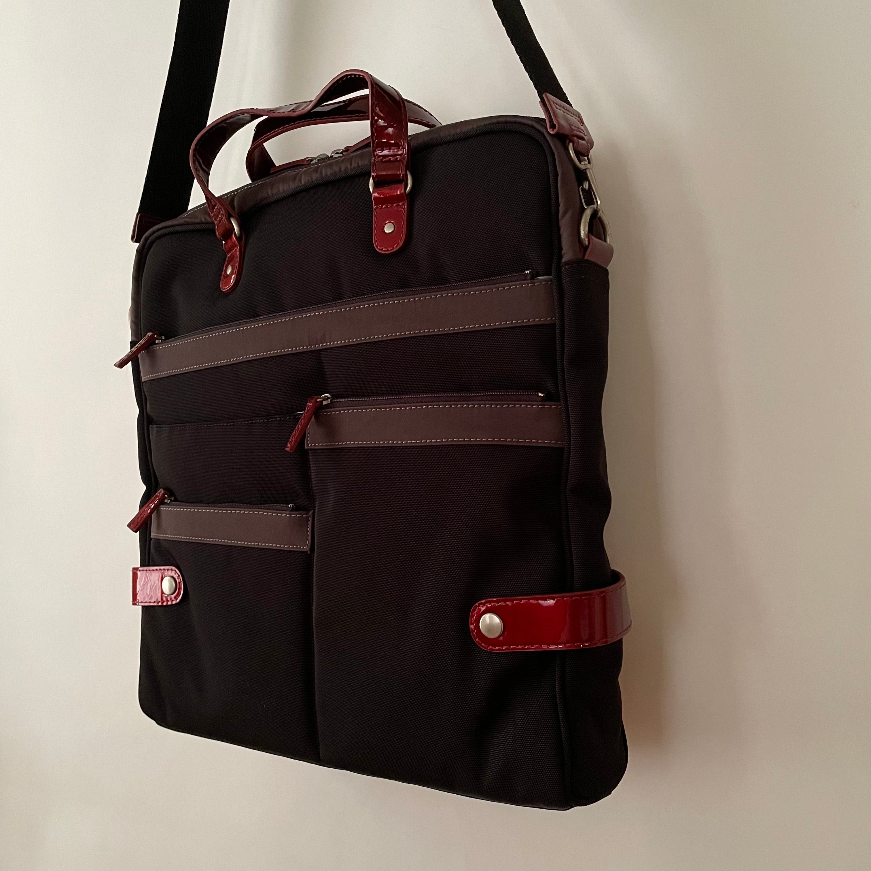 Premium Collection | Tall Nylon x Leather Briefcase with Stripe Stitch Accents | Black x Wine