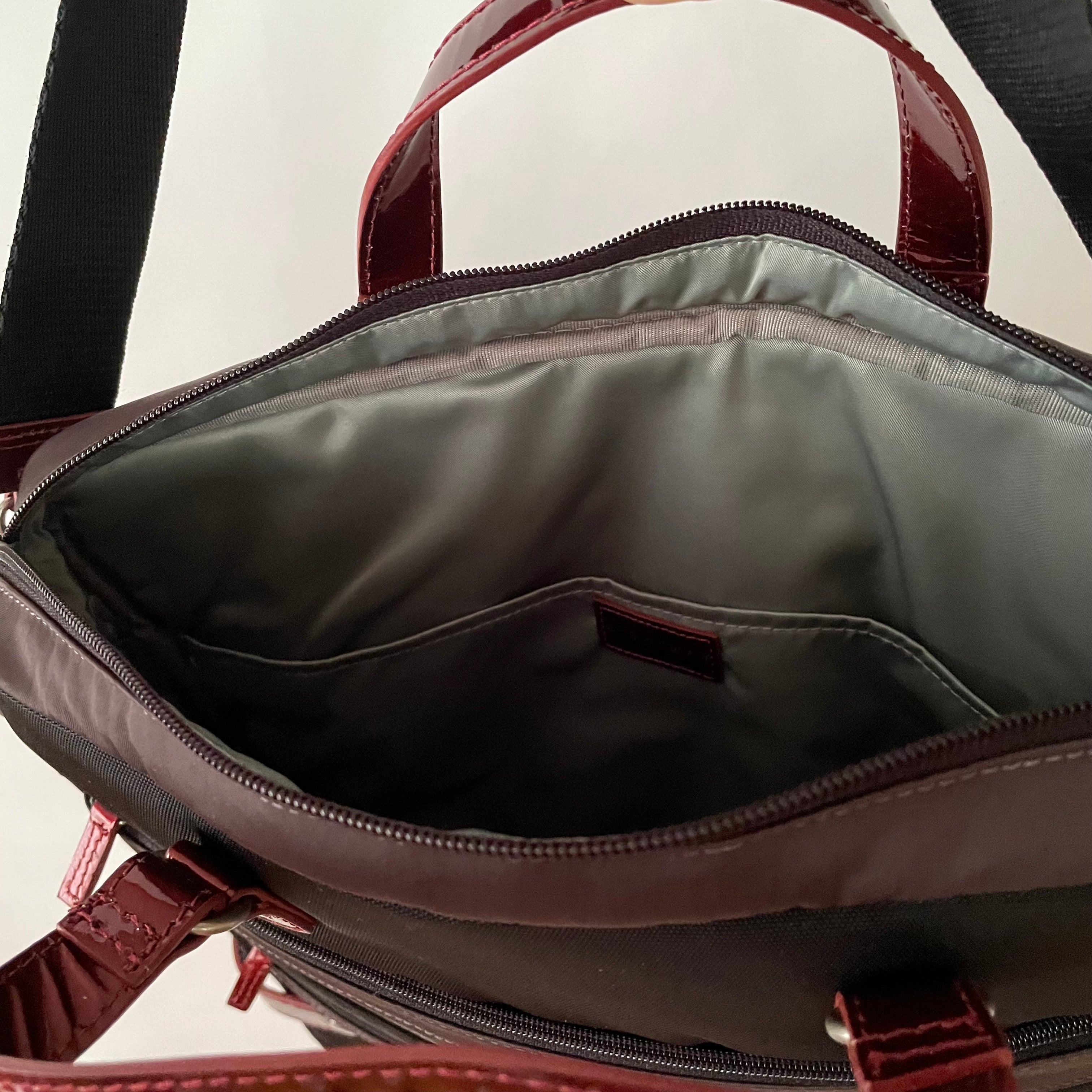 Premium Collection | Tall Nylon x Leather Briefcase with Stripe Stitch Accents | Black x Wine