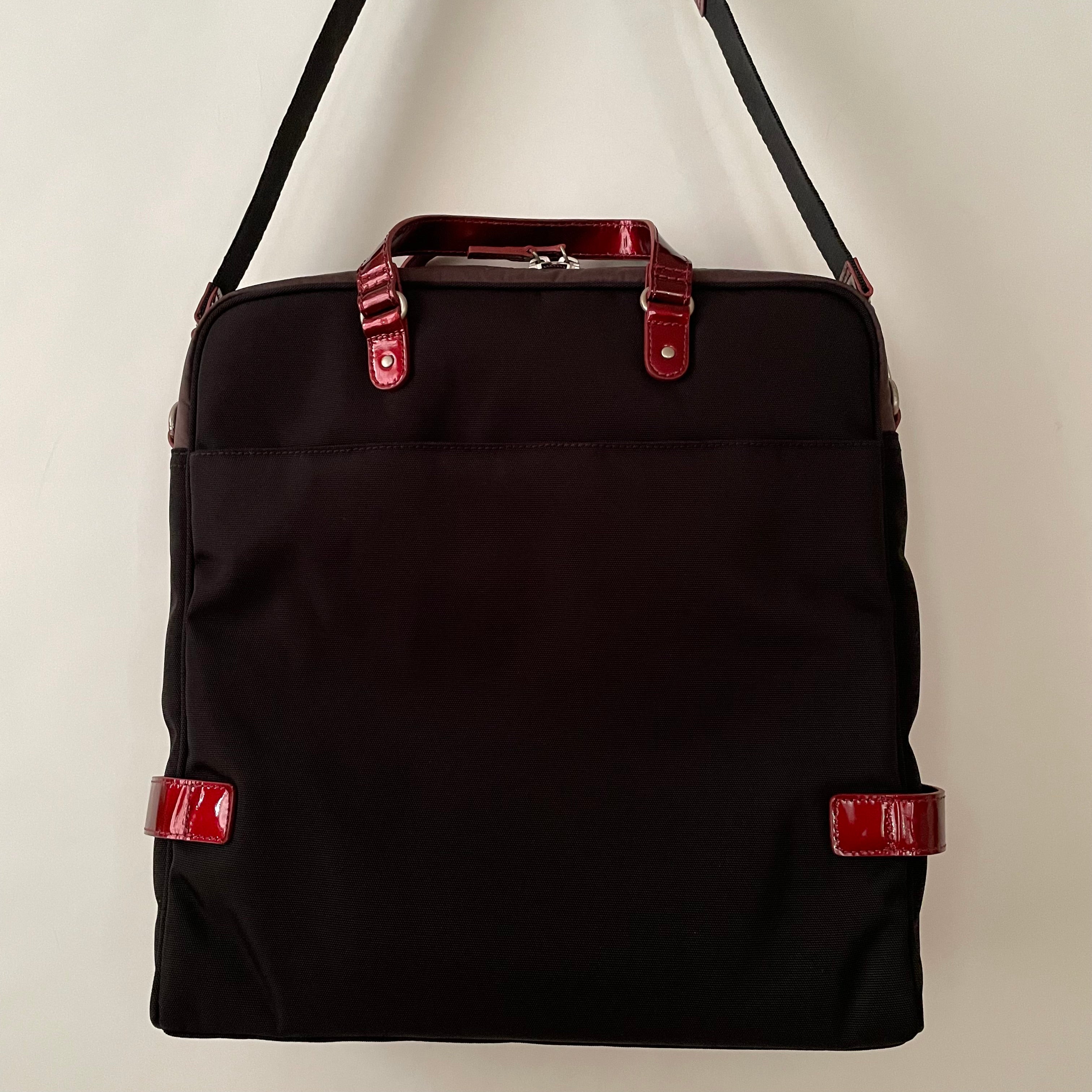 Premium Collection | Tall Nylon x Leather Briefcase with Stripe Stitch Accents | Black x Wine