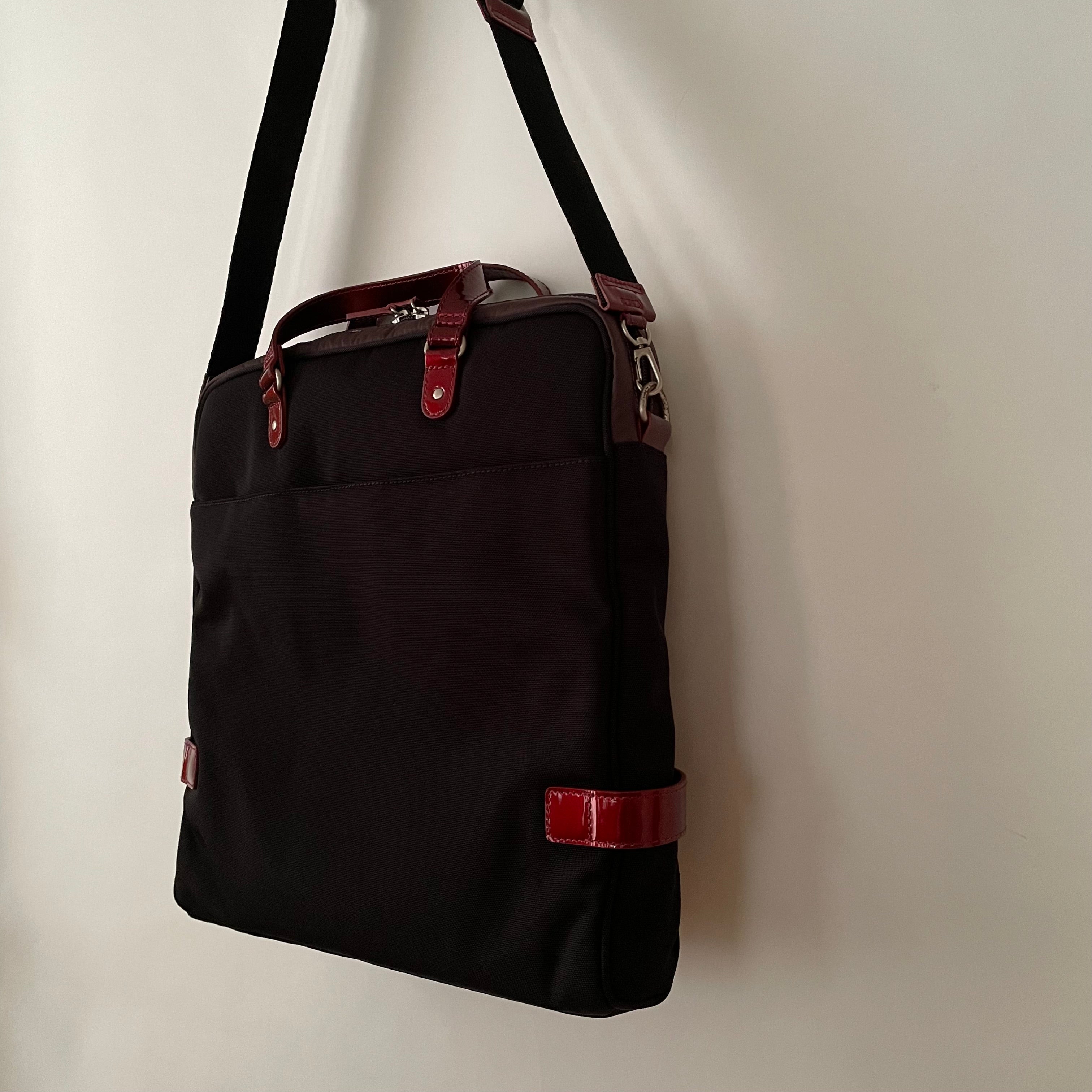 Premium Collection | Tall Nylon x Leather Briefcase with Stripe Stitch Accents | Black x Wine