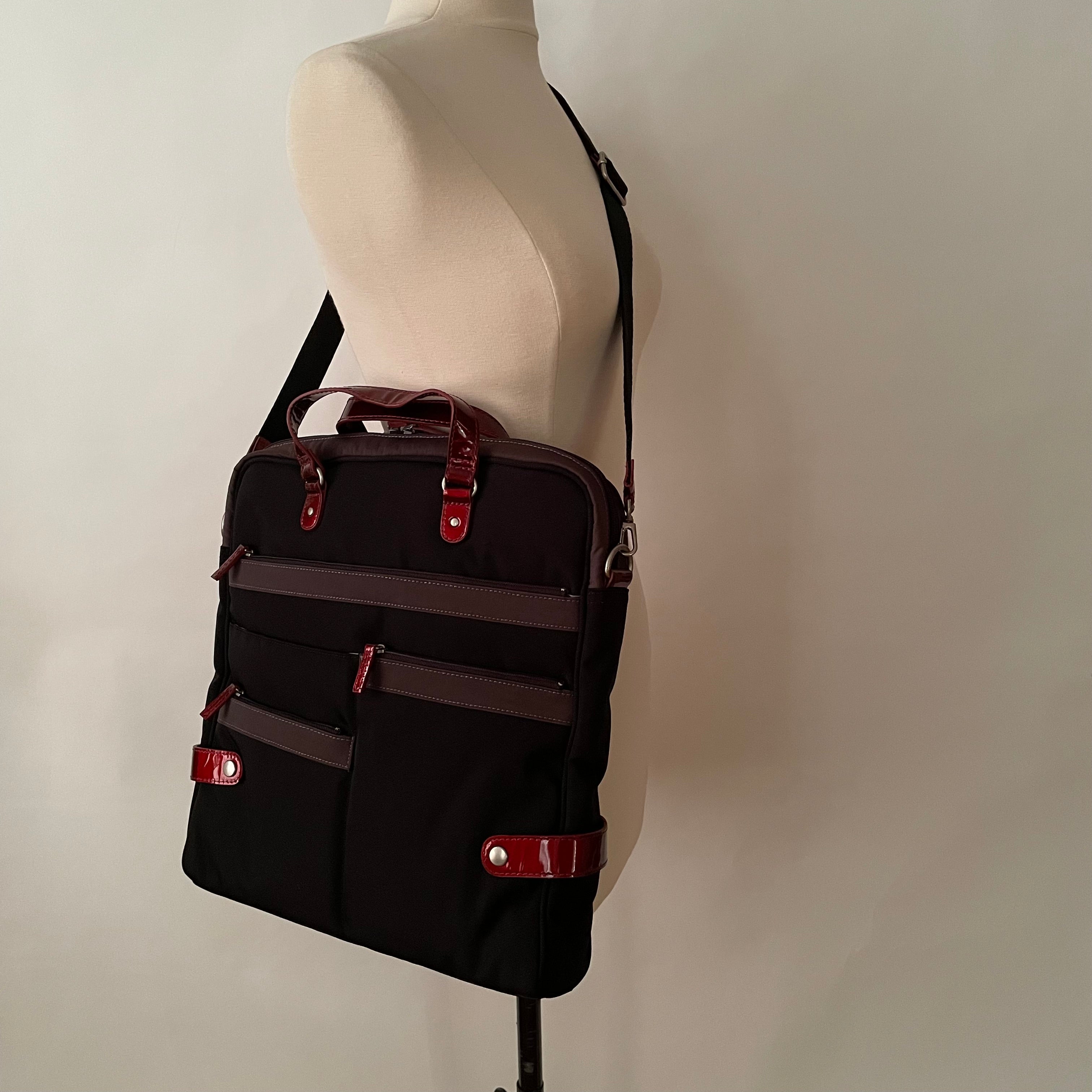 Premium Collection | Tall Nylon x Leather Briefcase with Stripe Stitch Accents | Black x Wine