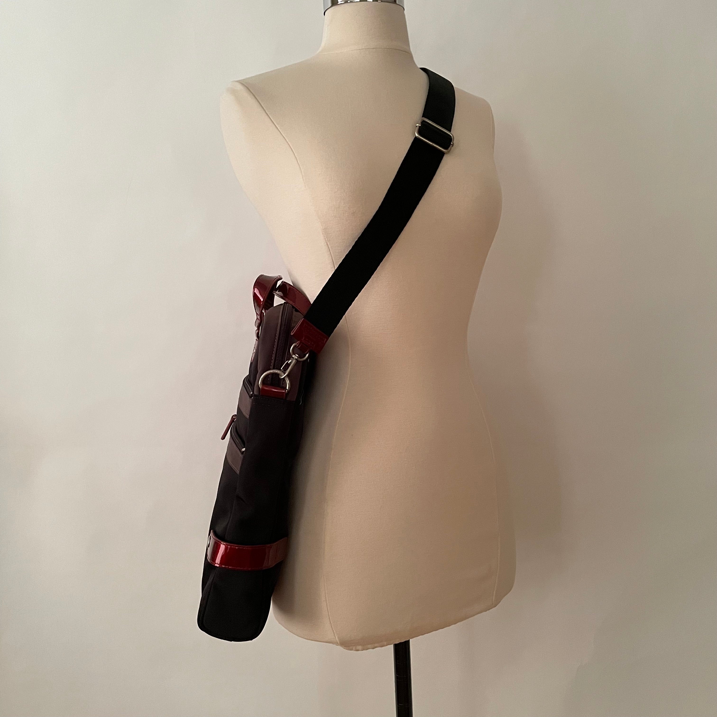 Premium Collection | Tall Nylon x Leather Briefcase with Stripe Stitch Accents | Black x Wine