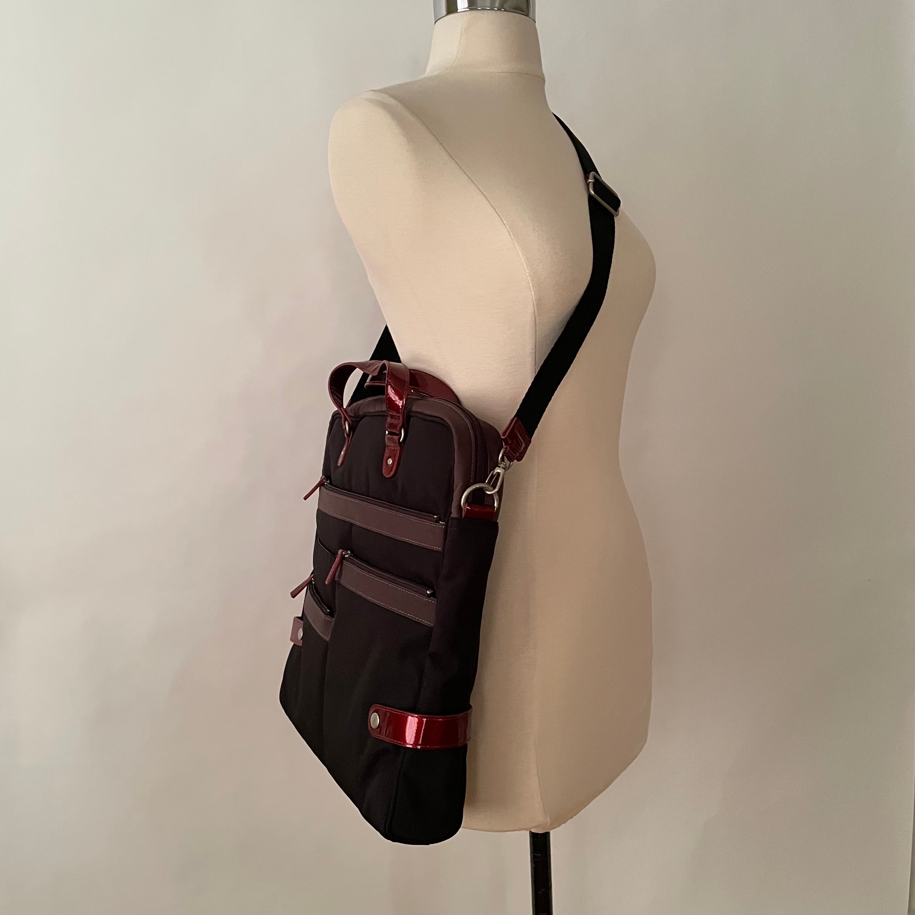 Premium Collection | Tall Nylon x Leather Briefcase with Stripe Stitch Accents | Black x Wine