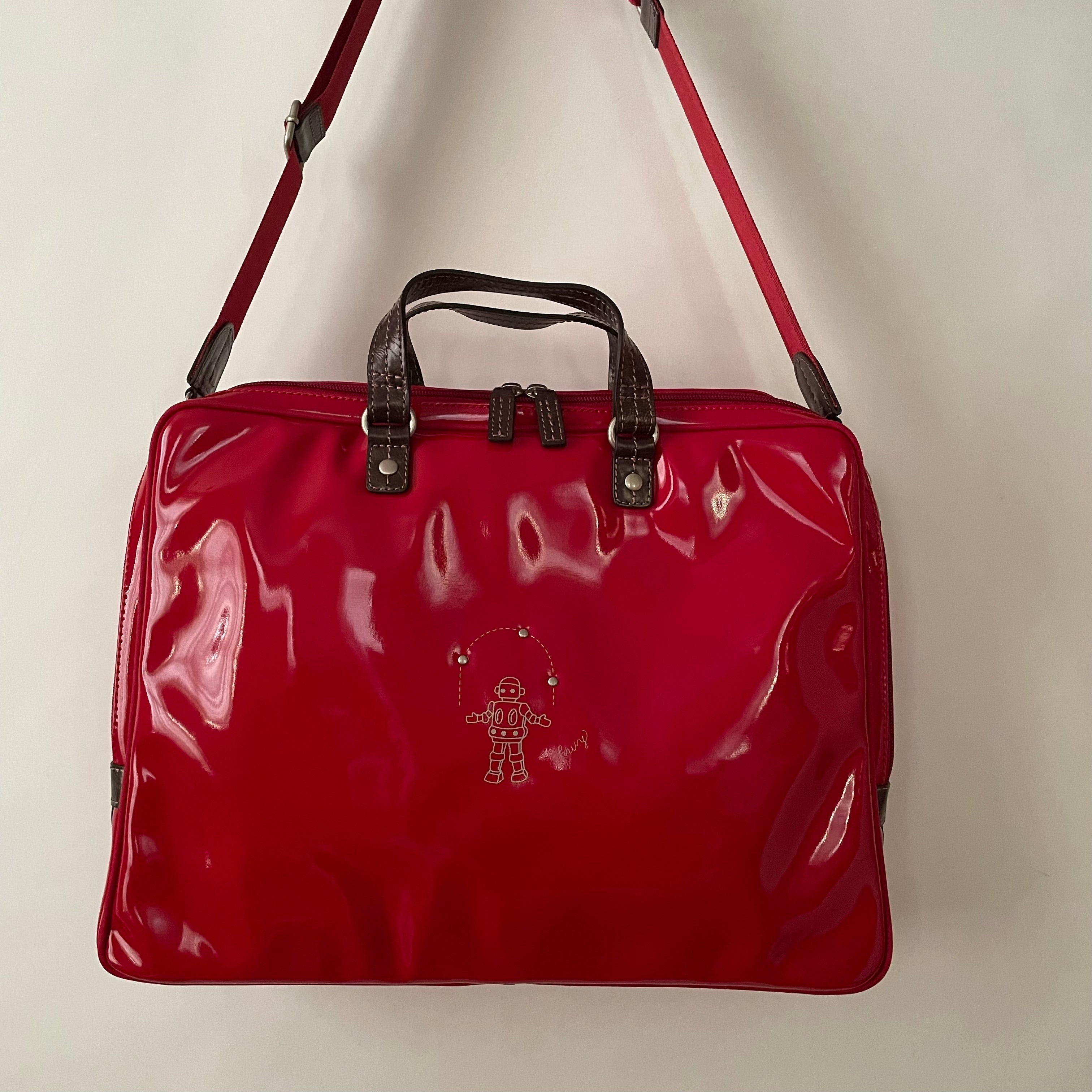 Premium Collection | Large Vegan Enamel Leather Briefcase with Genuine Leather Handles & Juggling Robot Print | Red