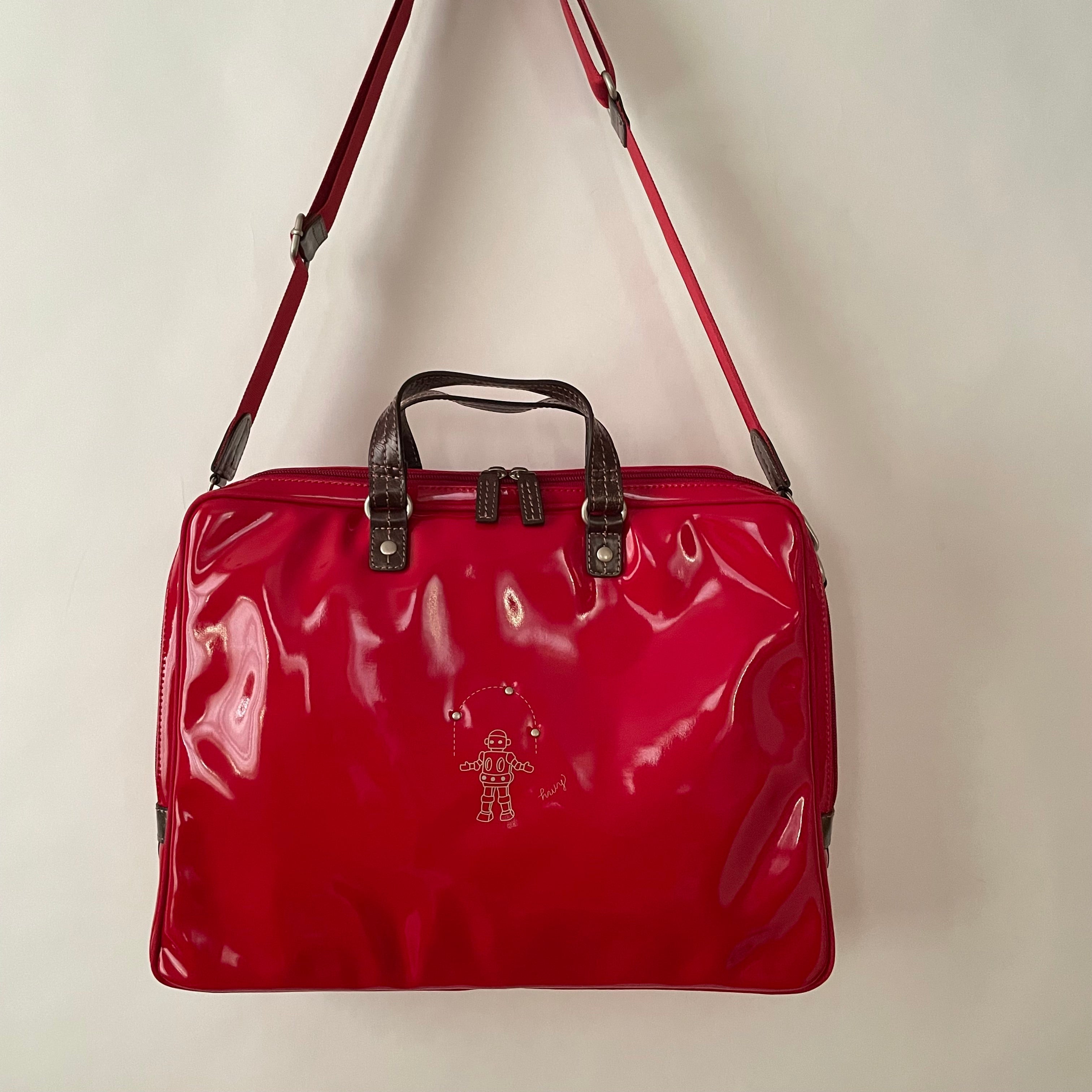 Premium Collection | Large Vegan Enamel Leather Briefcase with Genuine Leather Handles & Juggling Robot Print | Red