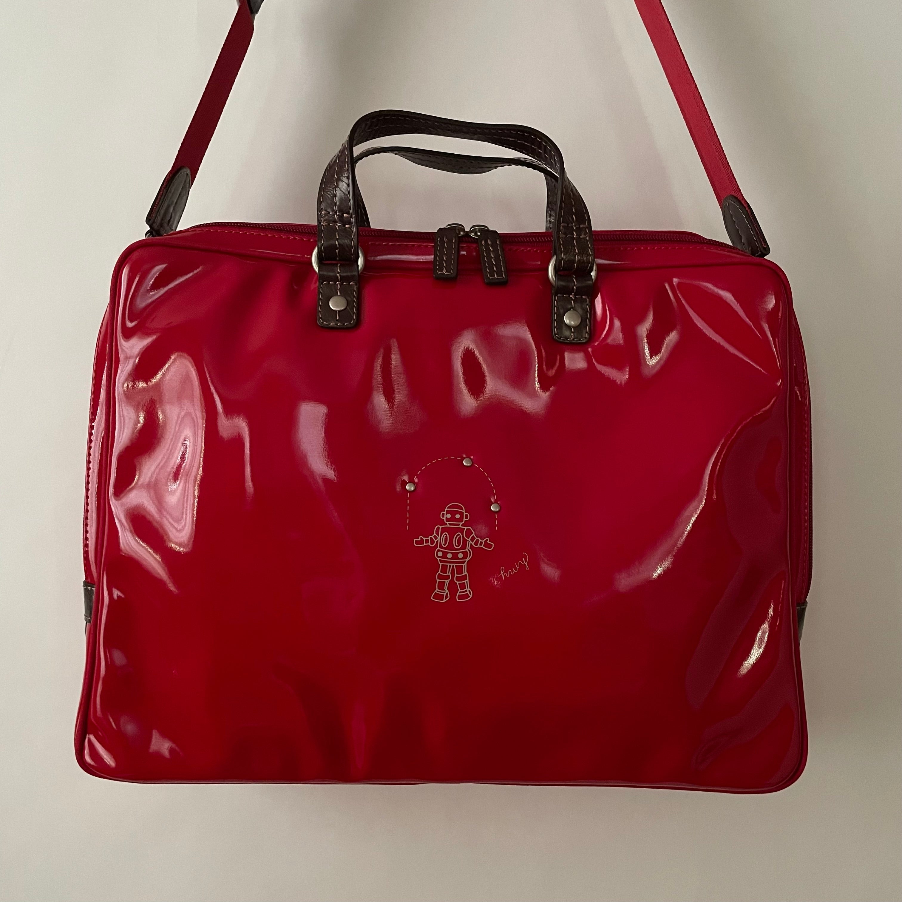 Premium Collection | Large Vegan Enamel Leather Briefcase with Genuine Leather Handles & Juggling Robot Print | Red