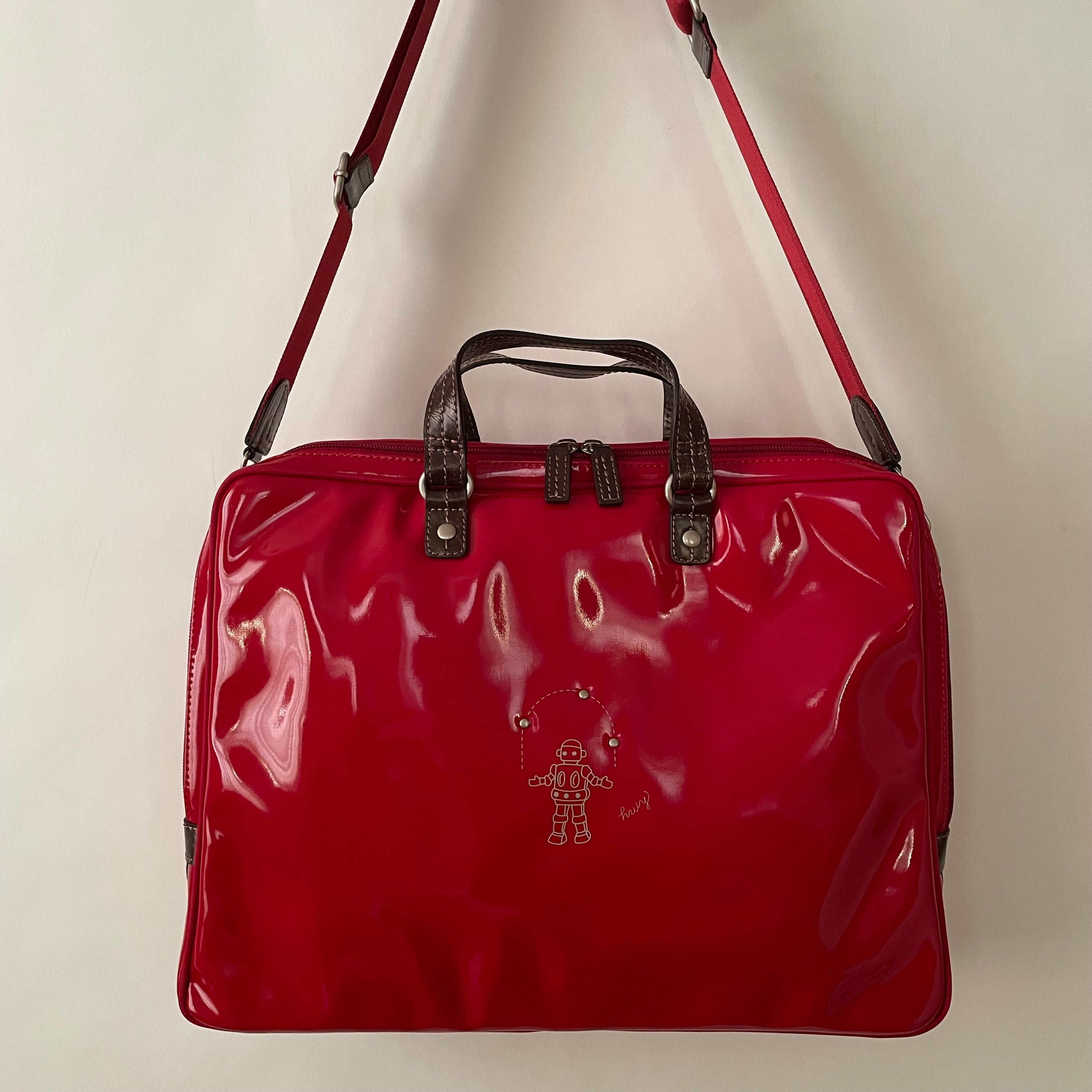 Premium Collection | Large Vegan Enamel Leather Briefcase with Genuine Leather Handles & Juggling Robot Print | Red