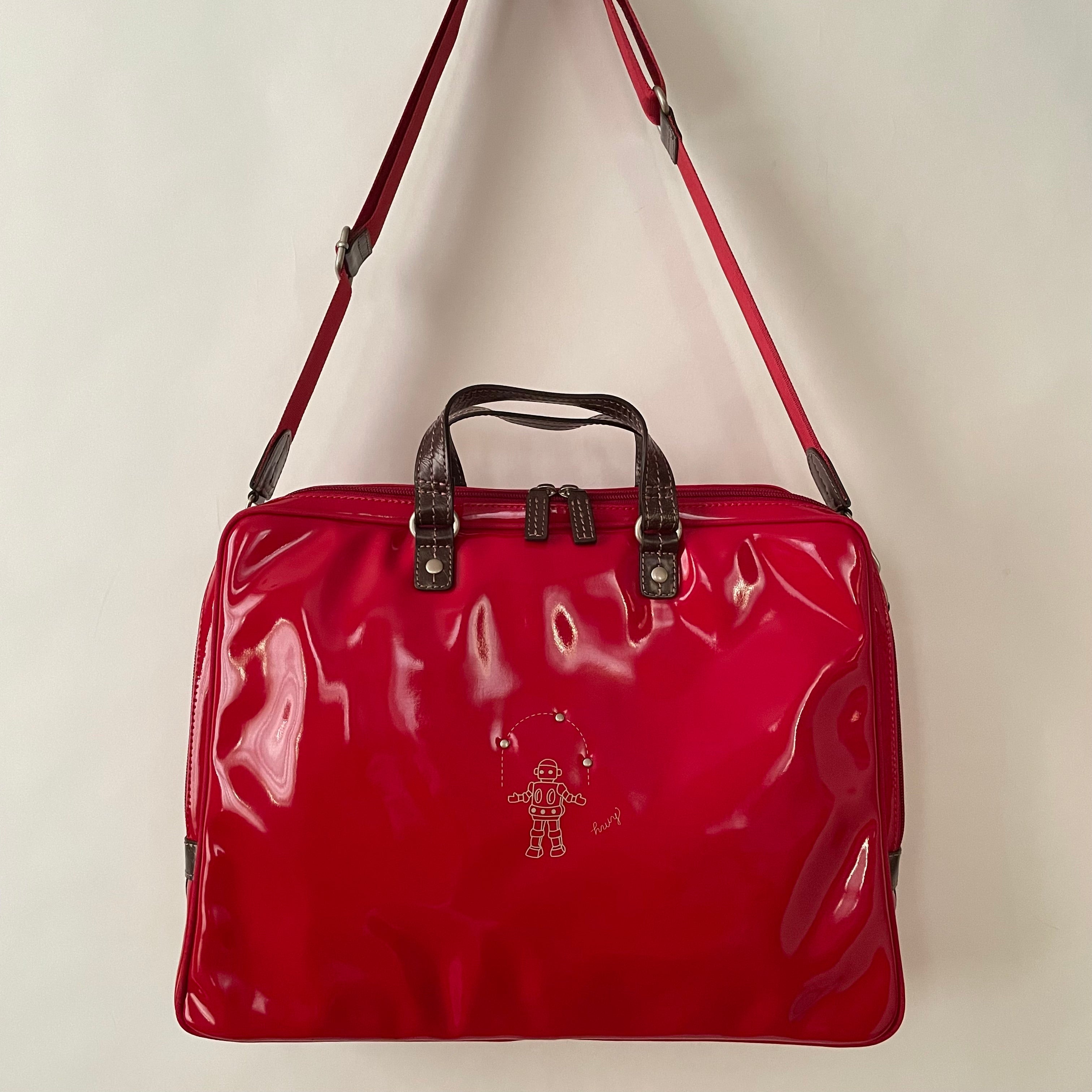 Premium Collection | Large Vegan Enamel Leather Briefcase with Genuine Leather Handles & Juggling Robot Print | Red