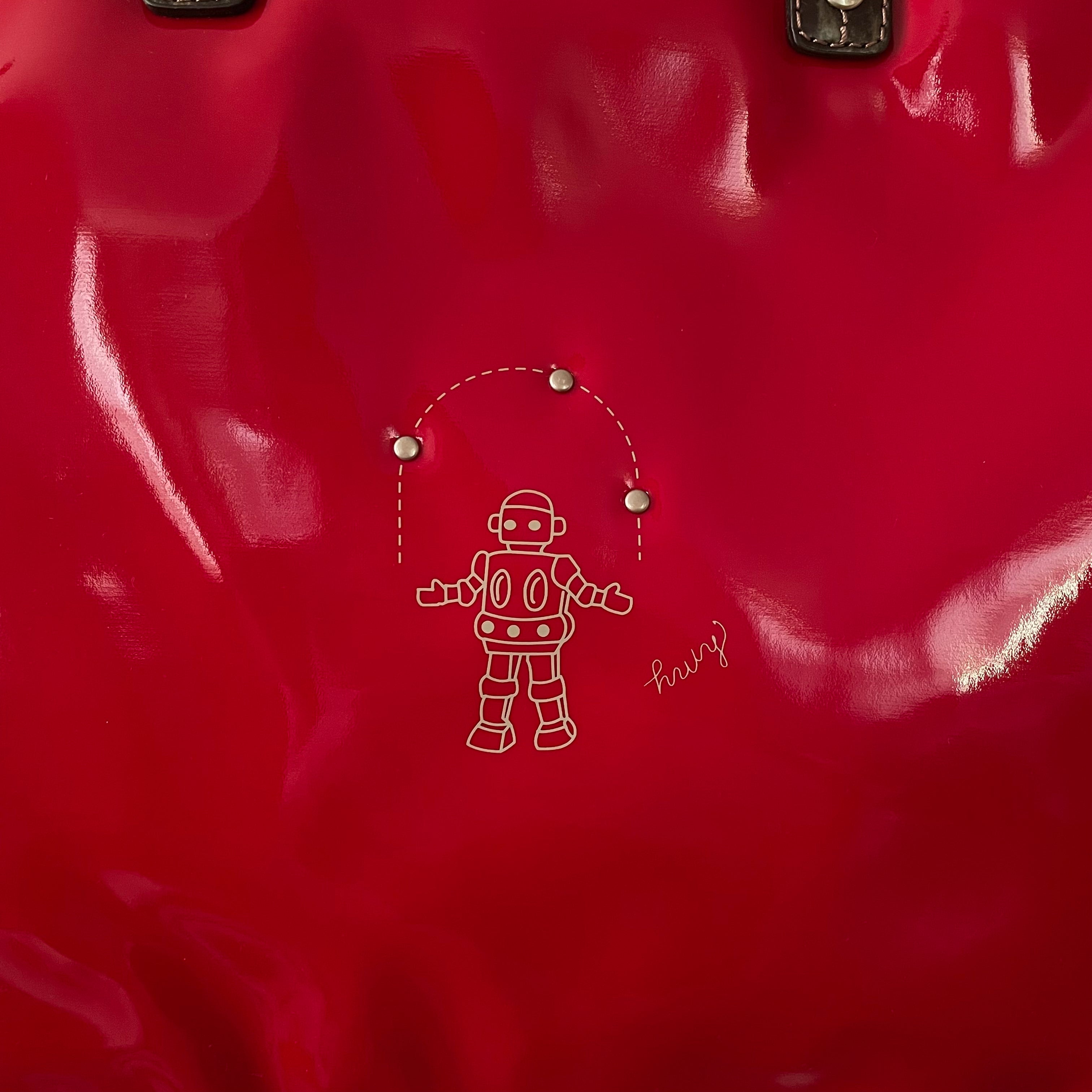 Premium Collection | Large Vegan Enamel Leather Briefcase with Genuine Leather Handles & Juggling Robot Print | Red