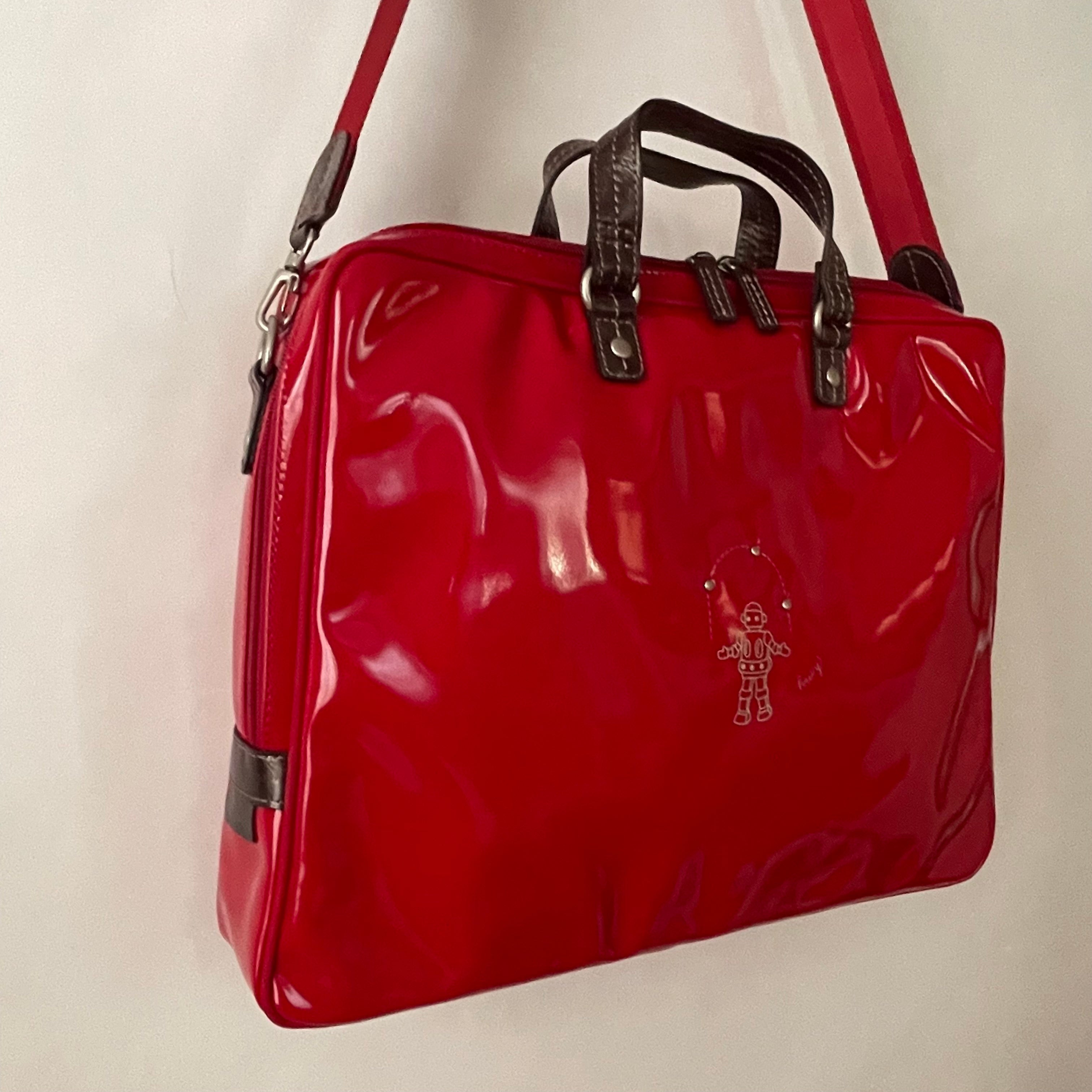 Premium Collection | Large Vegan Enamel Leather Briefcase with Genuine Leather Handles & Juggling Robot Print | Red
