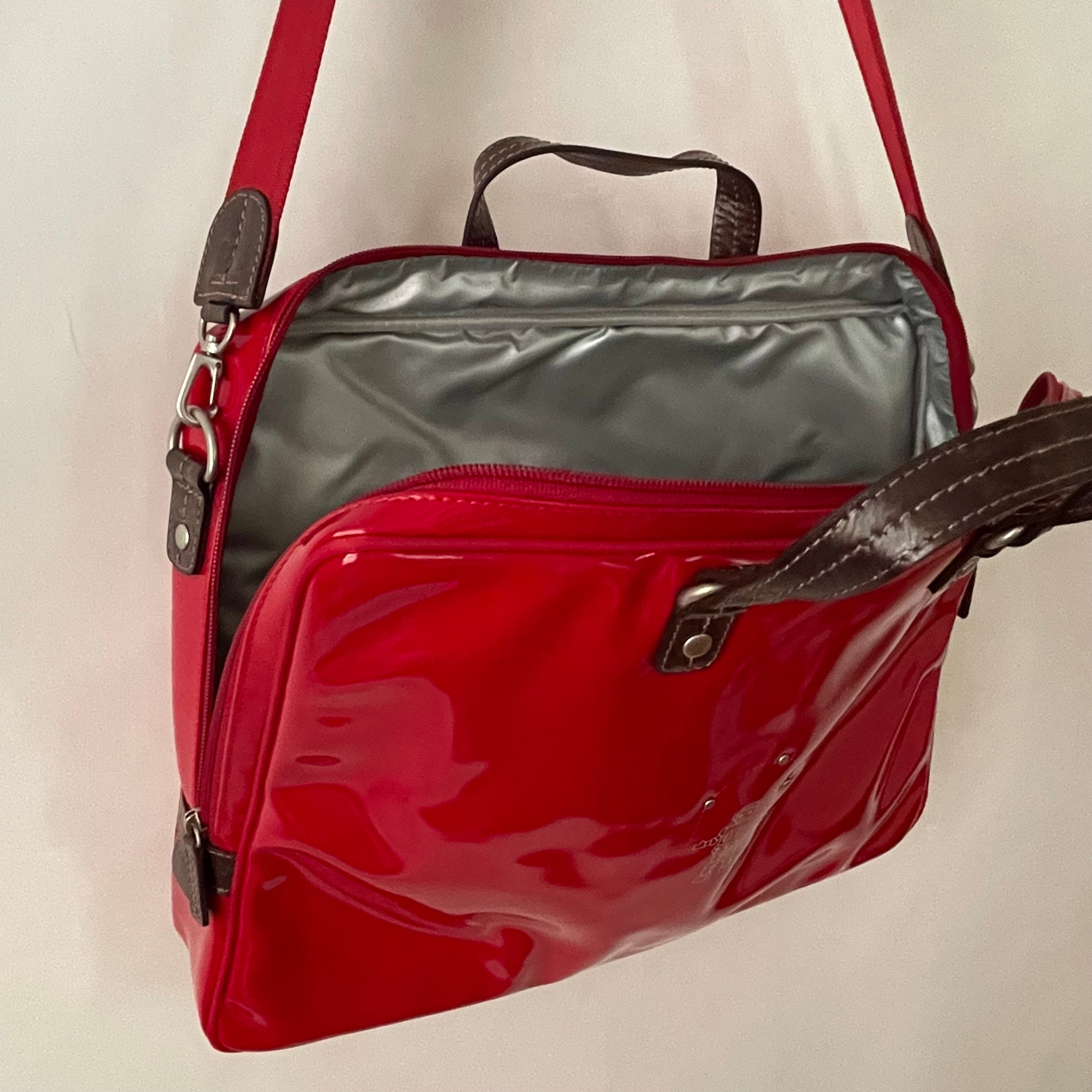 Premium Collection | Large Vegan Enamel Leather Briefcase with Genuine Leather Handles & Juggling Robot Print | Red