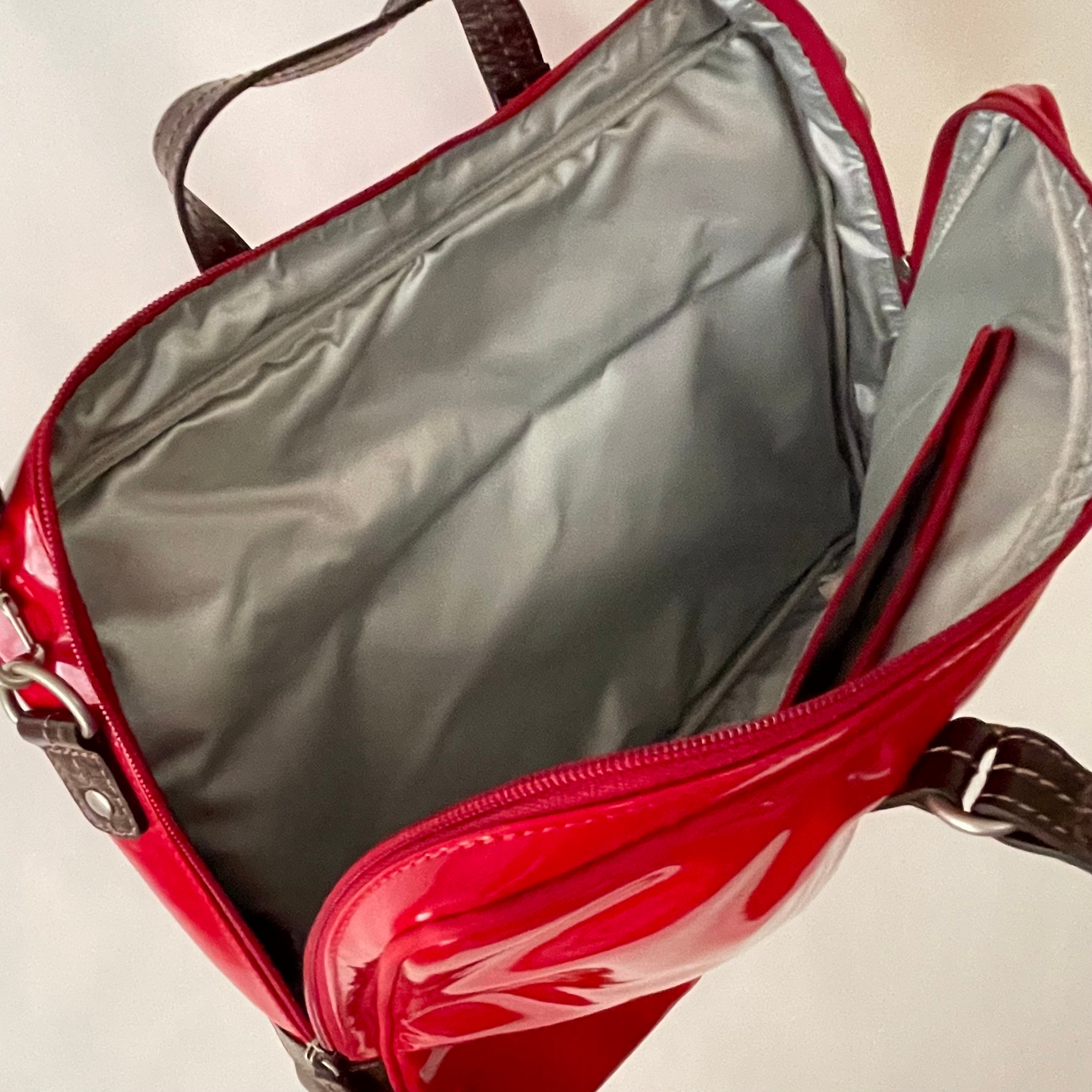 Premium Collection | Large Vegan Enamel Leather Briefcase with Genuine Leather Handles & Juggling Robot Print | Red