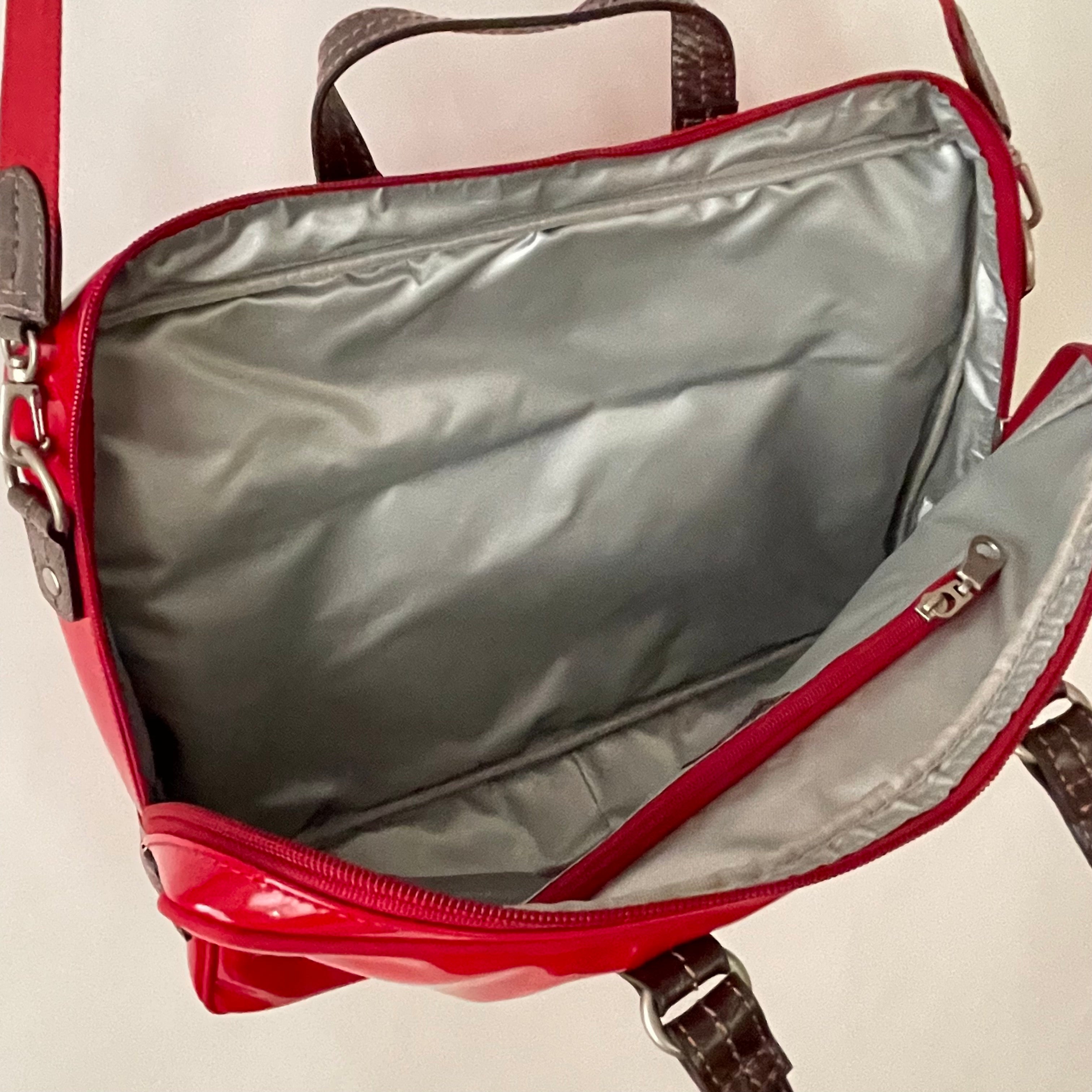 Premium Collection | Large Vegan Enamel Leather Briefcase with Genuine Leather Handles & Juggling Robot Print | Red