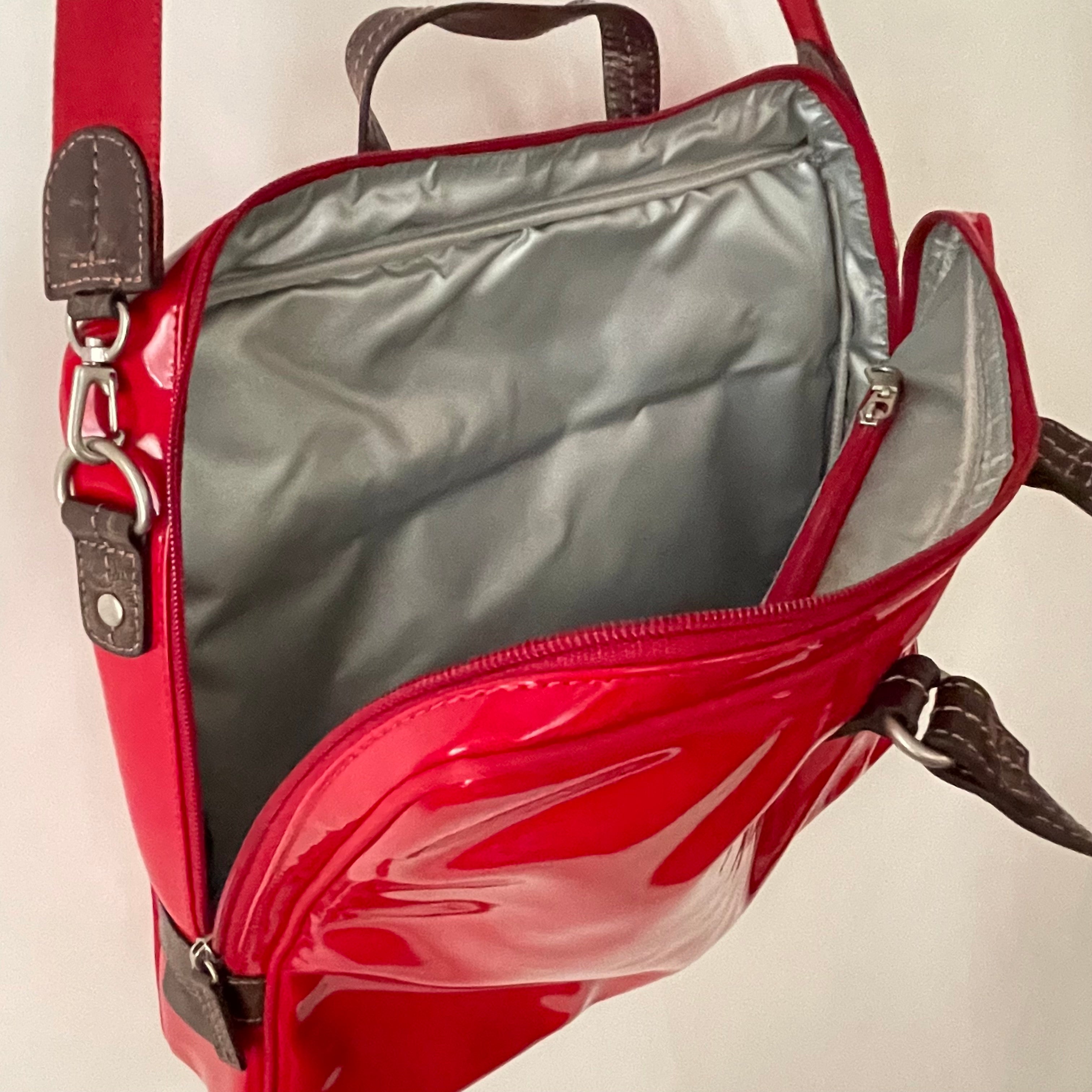 Premium Collection | Large Vegan Enamel Leather Briefcase with Genuine Leather Handles & Juggling Robot Print | Red