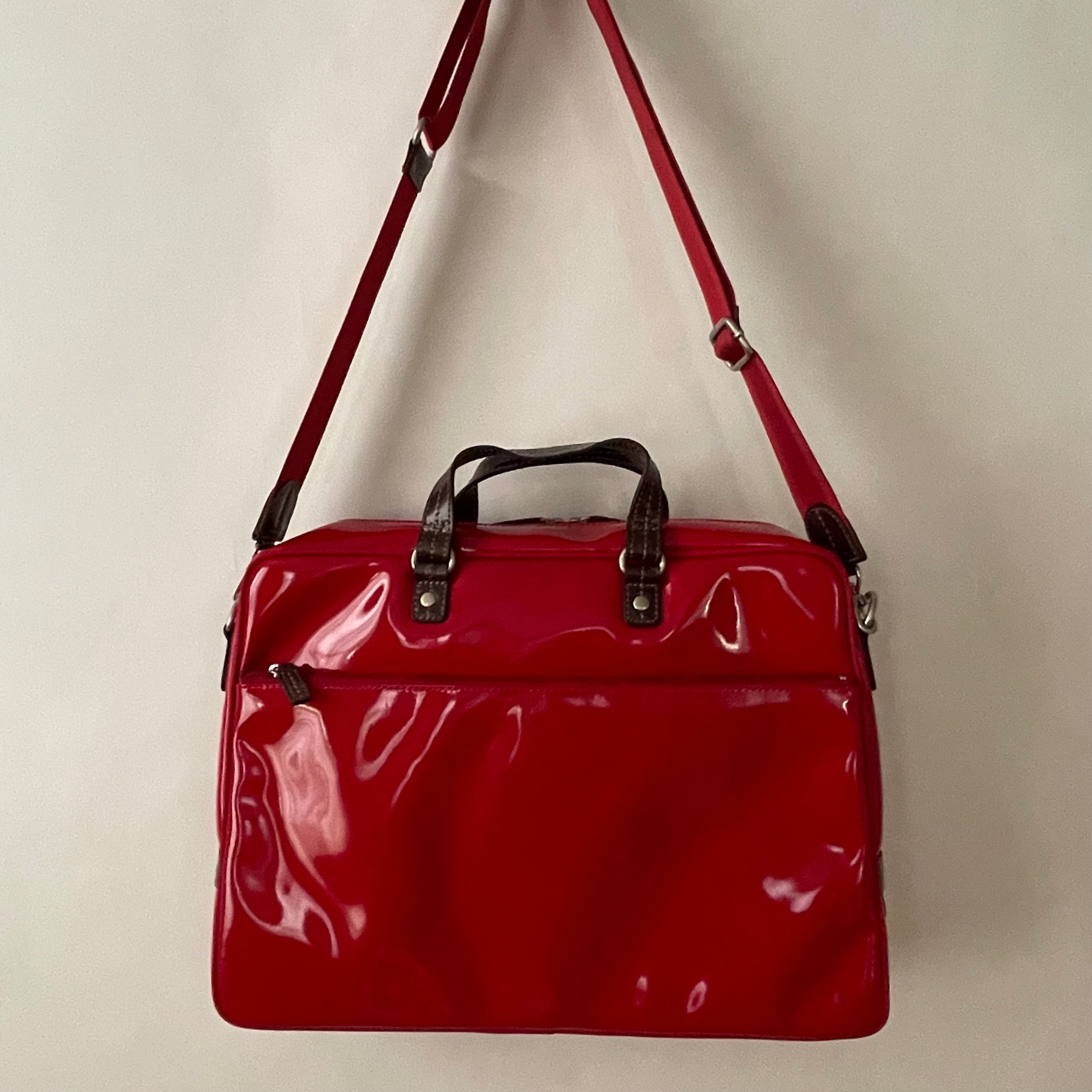 Premium Collection | Large Vegan Enamel Leather Briefcase with Genuine Leather Handles & Juggling Robot Print | Red