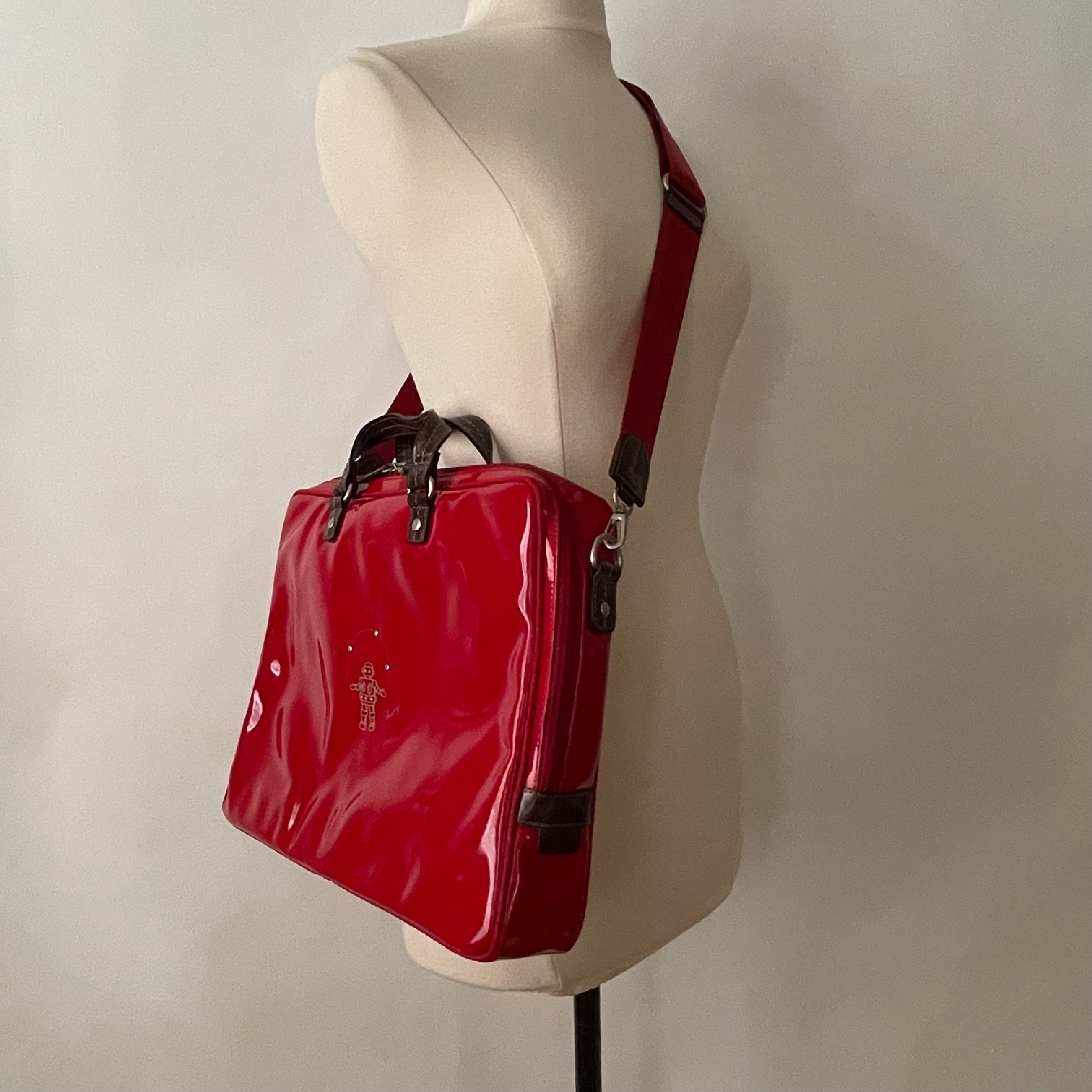 Premium Collection | Large Vegan Enamel Leather Briefcase with Genuine Leather Handles & Juggling Robot Print | Red