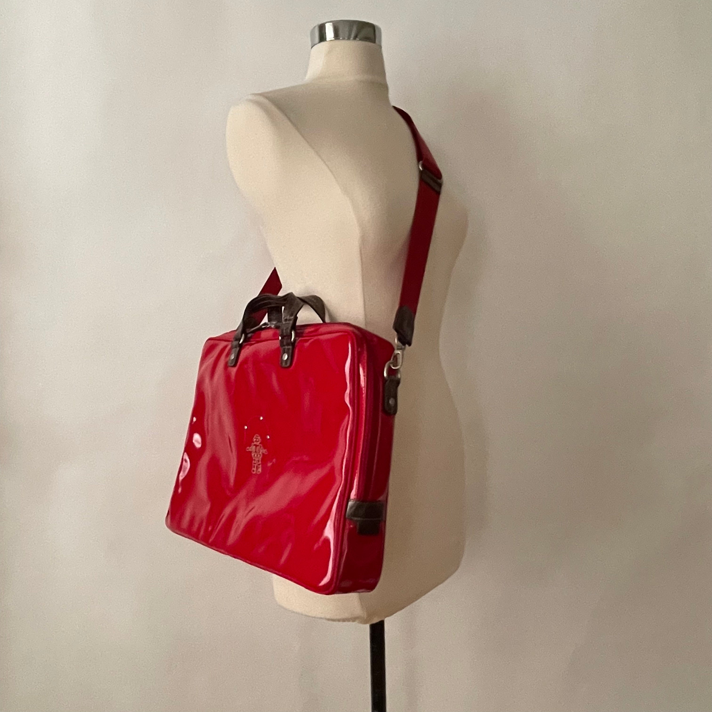 Premium Collection | Large Vegan Enamel Leather Briefcase with Genuine Leather Handles & Juggling Robot Print | Red