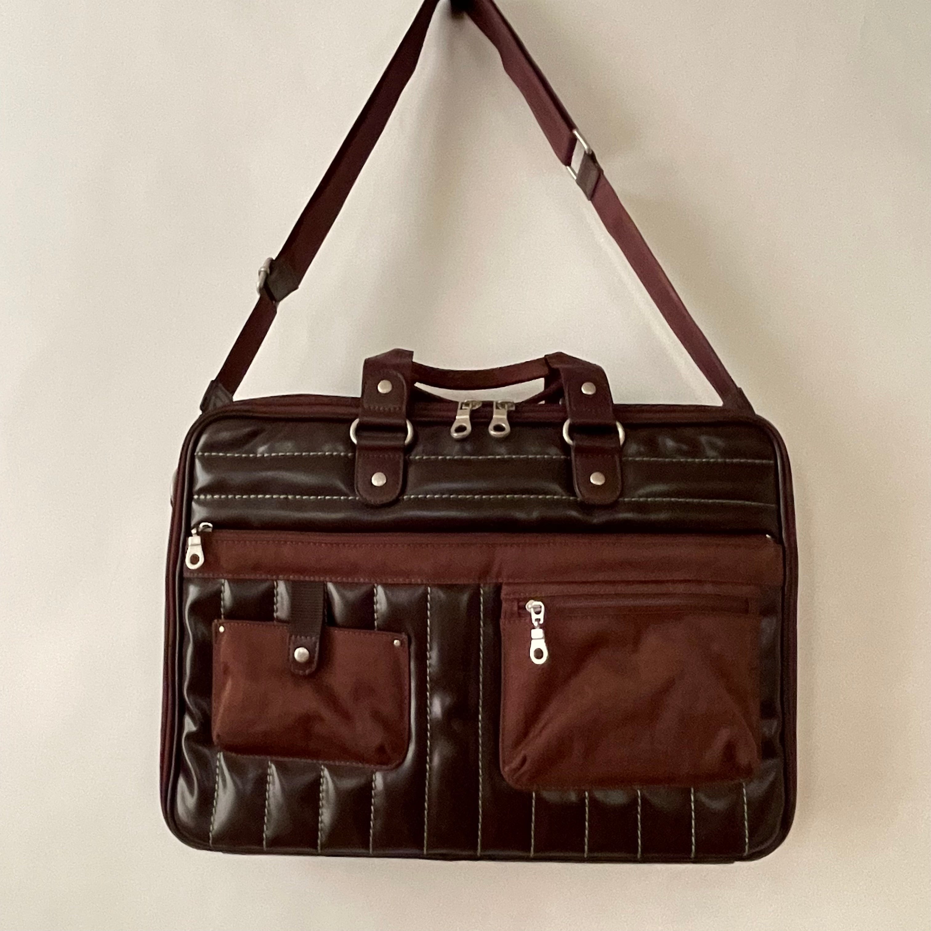 Premium Collection | Vegan Patent Leather x Nylon x Leather Handles Briefcase with Stripe Stitch Accents | Dark Chocolate