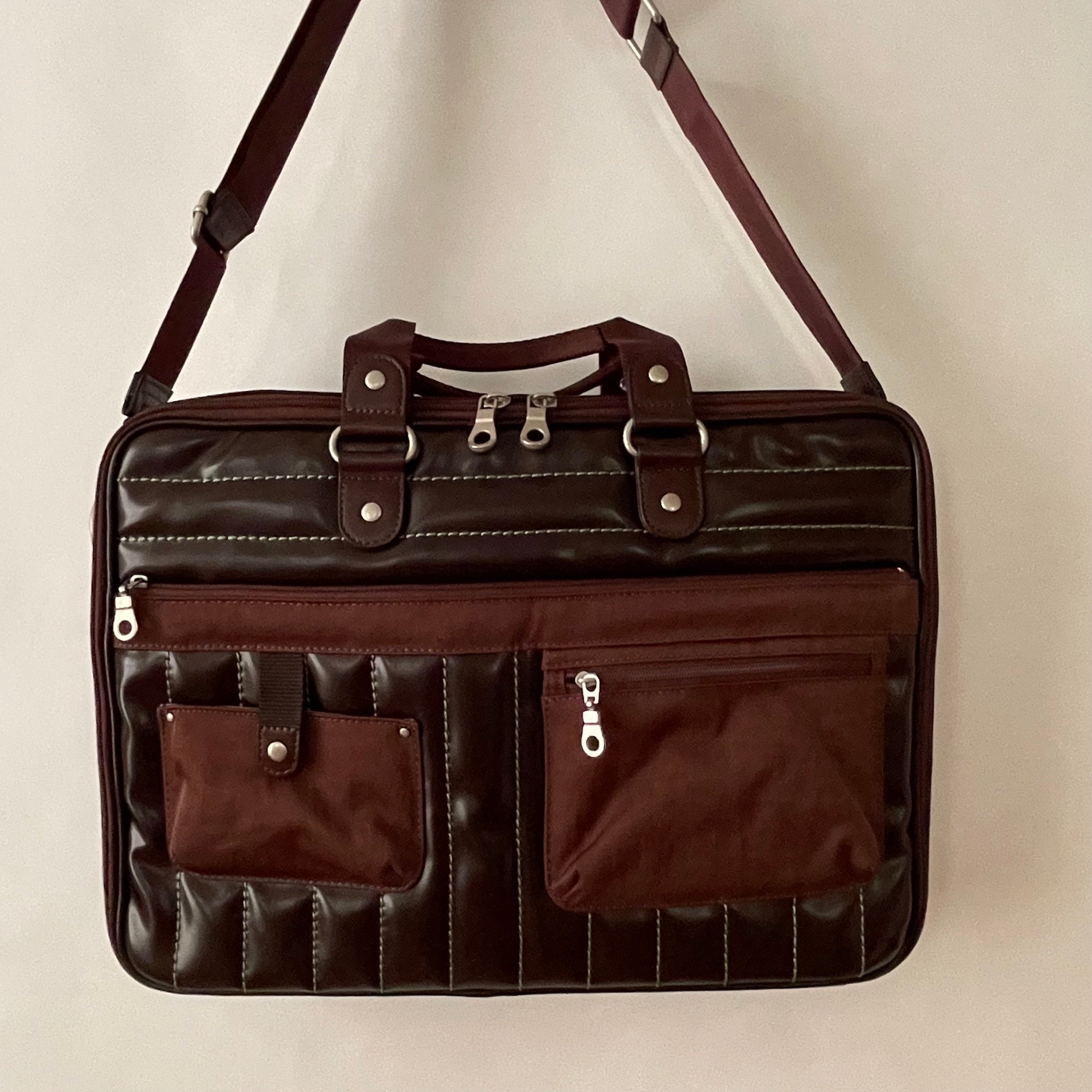 Premium Collection | Vegan Patent Leather x Nylon x Leather Handles Briefcase with Stripe Stitch Accents | Dark Chocolate