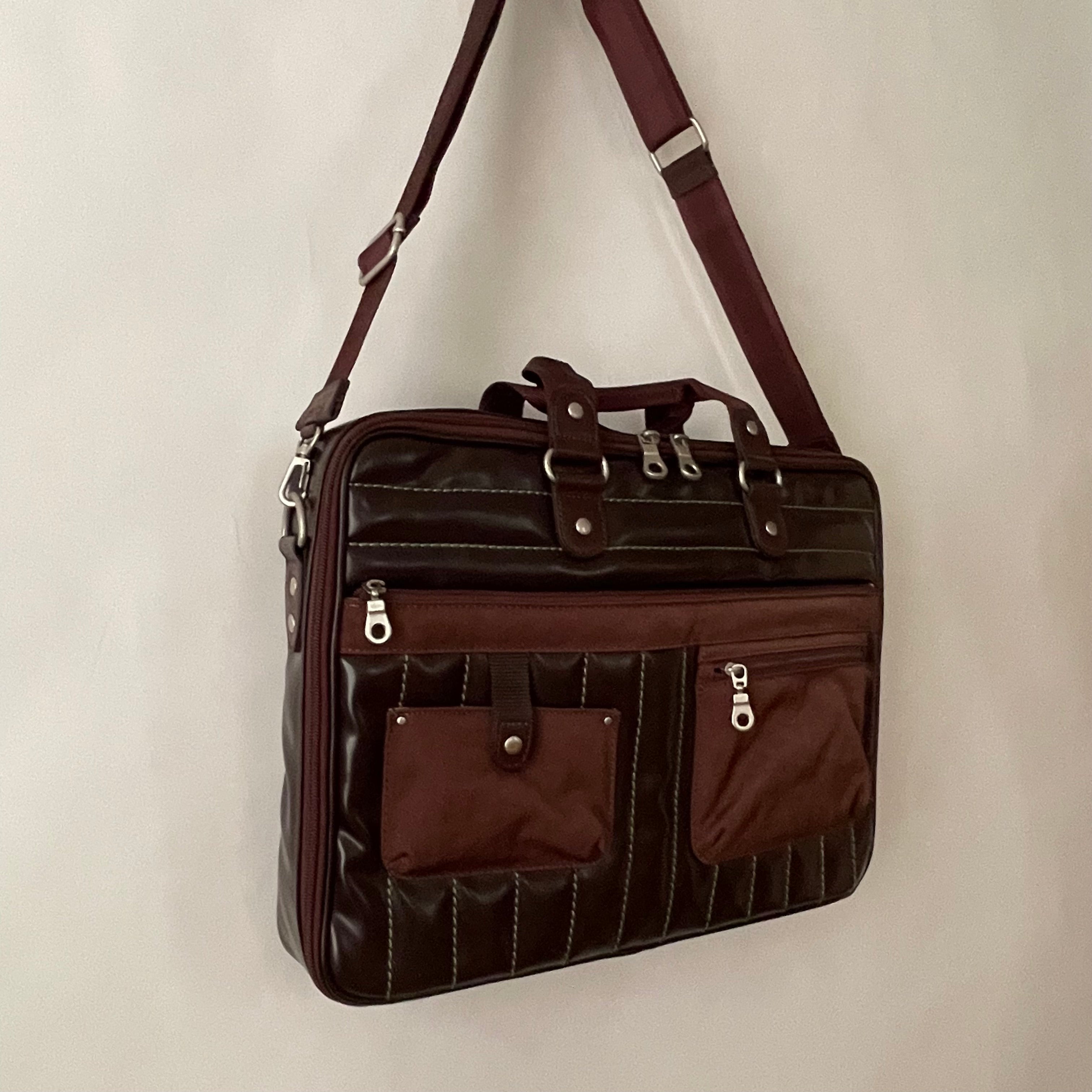 Premium Collection | Vegan Patent Leather x Nylon x Leather Handles Briefcase with Stripe Stitch Accents | Dark Chocolate