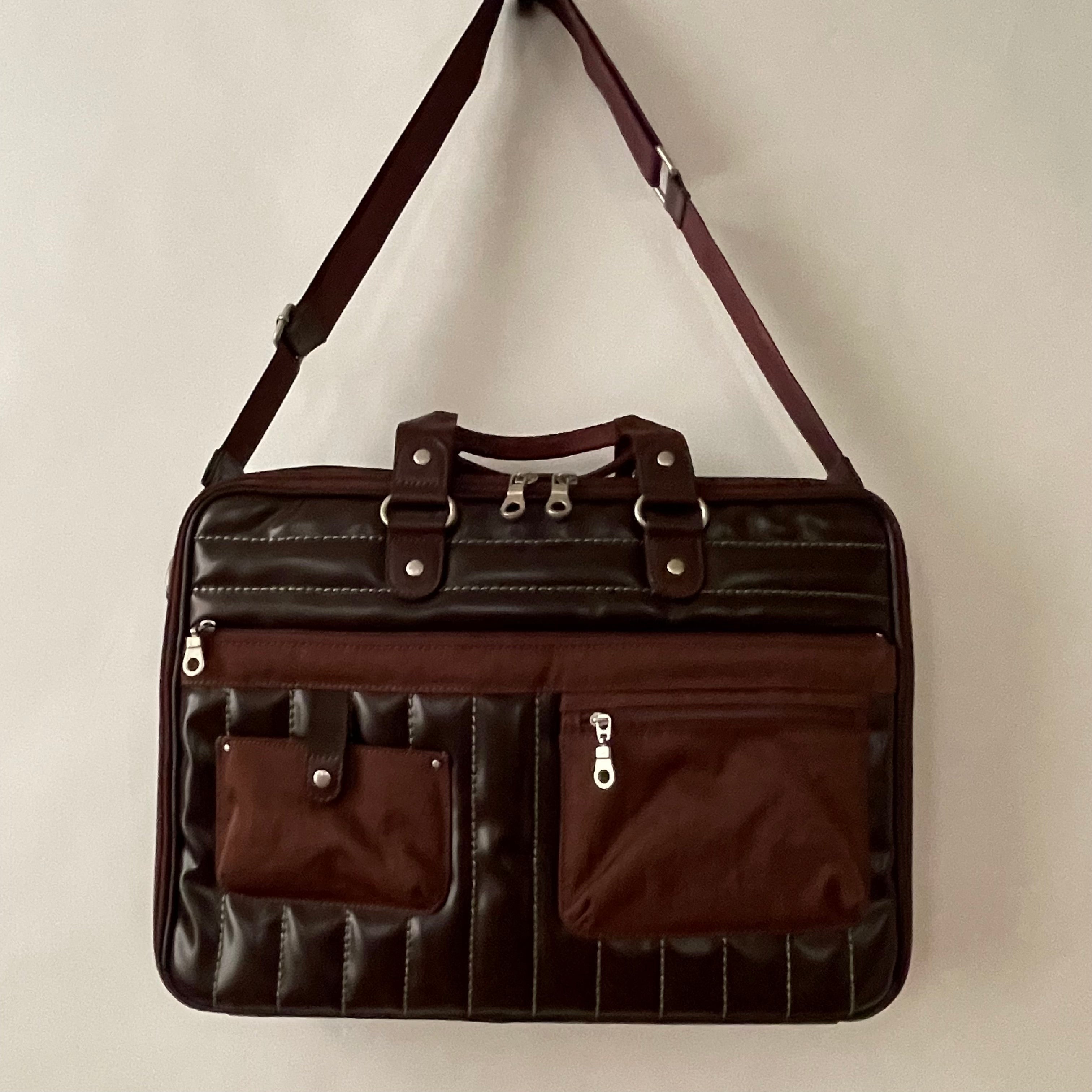 Premium Collection | Vegan Patent Leather x Nylon x Leather Handles Briefcase with Stripe Stitch Accents | Dark Chocolate