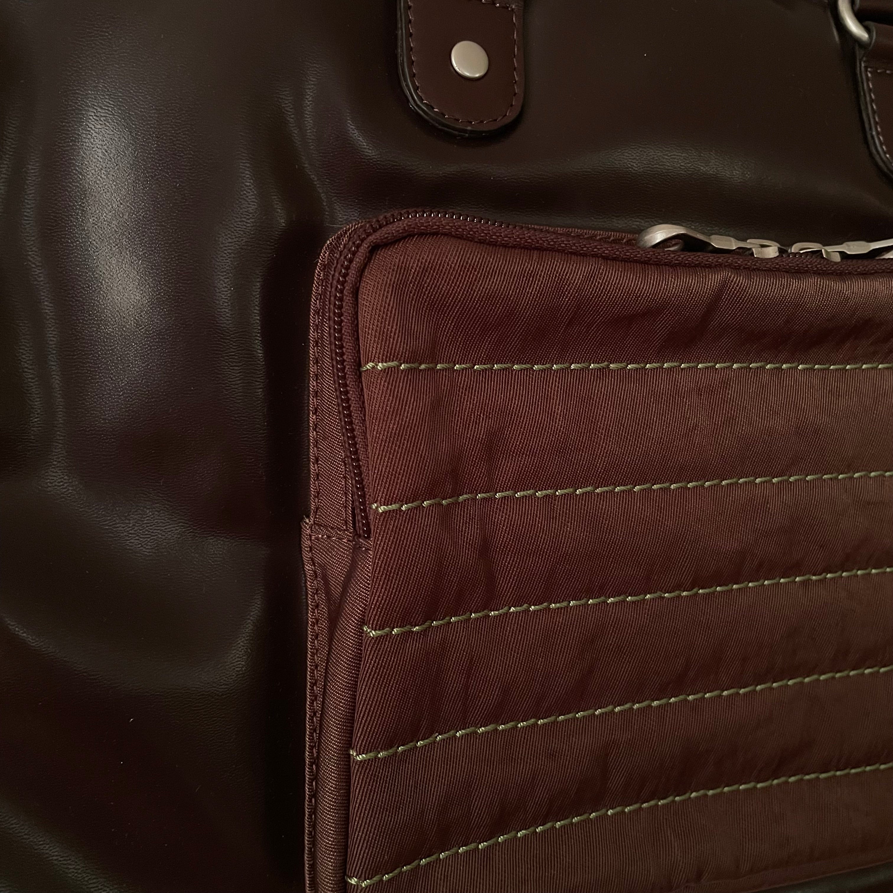 Premium Collection | Vegan Patent Leather x Nylon x Leather Handles Briefcase with Stripe Stitch Accents | Dark Chocolate