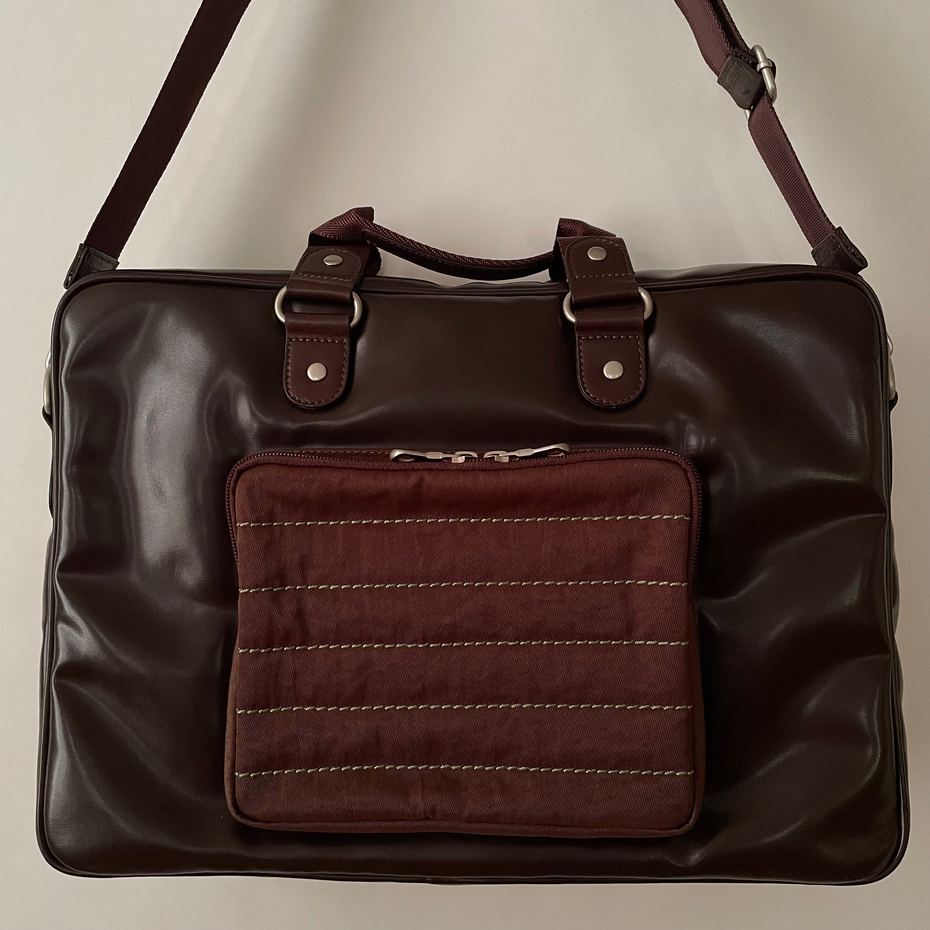 Premium Collection | Vegan Patent Leather x Nylon x Leather Handles Briefcase with Stripe Stitch Accents | Dark Chocolate