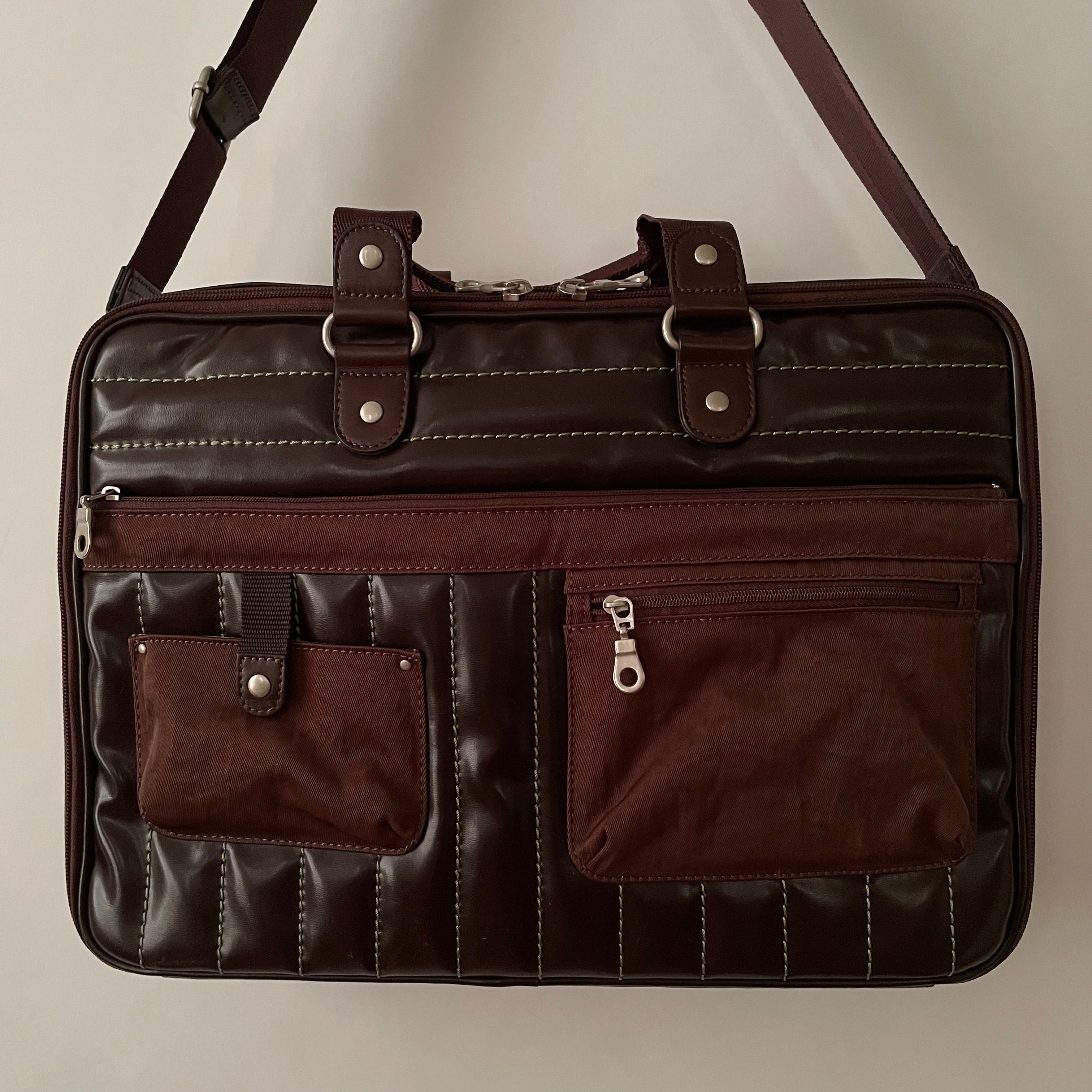 Premium Collection | Vegan Patent Leather x Nylon x Leather Handles Briefcase with Stripe Stitch Accents | Dark Chocolate