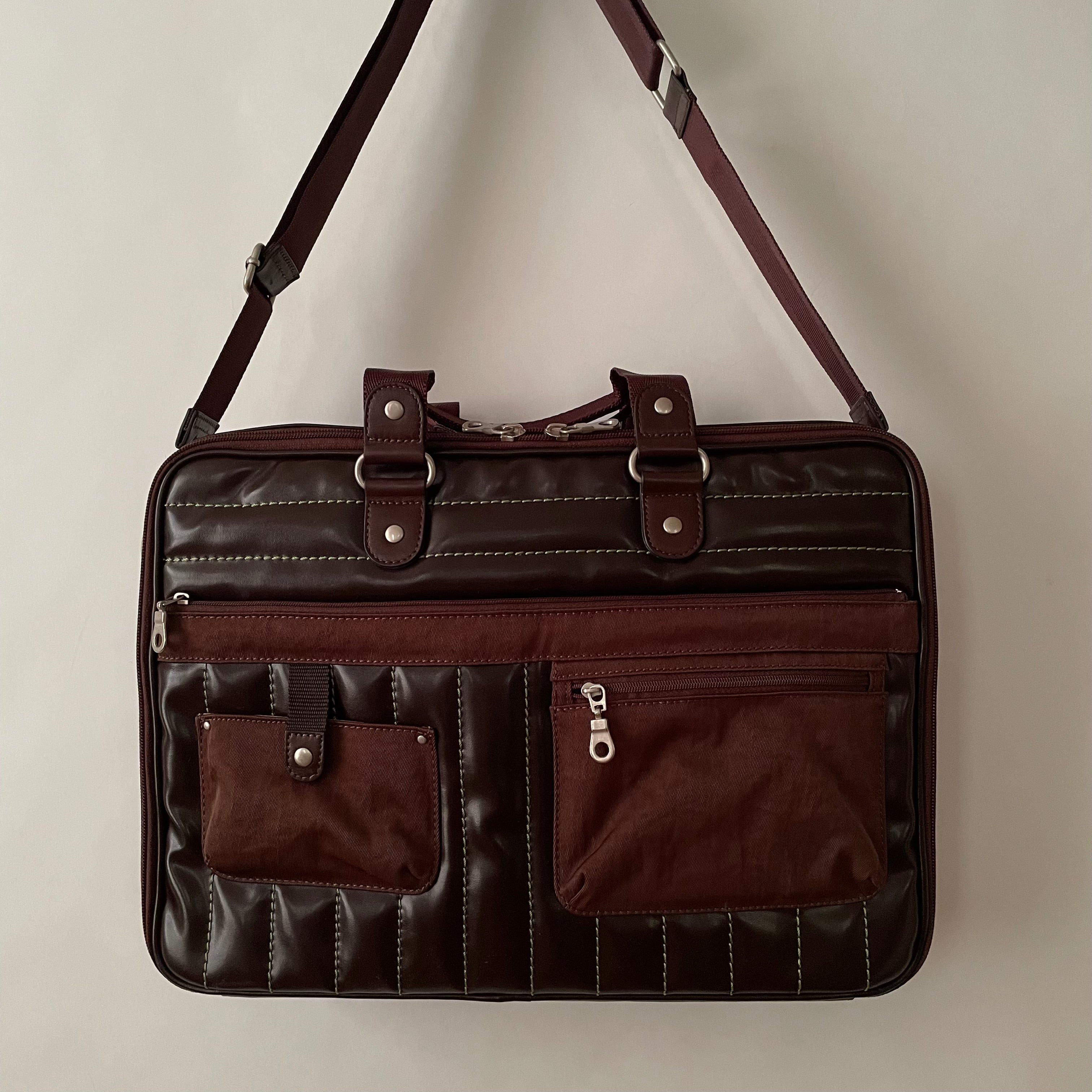 Premium Collection | Vegan Patent Leather x Nylon x Leather Handles Briefcase with Stripe Stitch Accents | Dark Chocolate