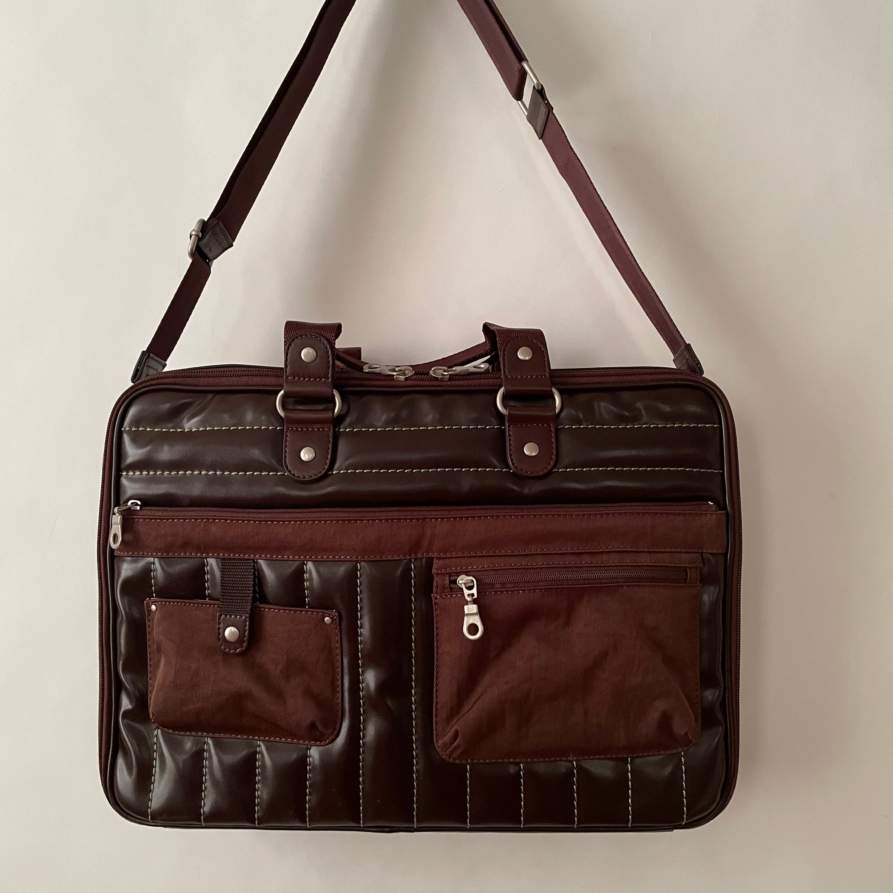 Premium Collection | Vegan Patent Leather x Nylon x Leather Handles Briefcase with Stripe Stitch Accents | Dark Chocolate