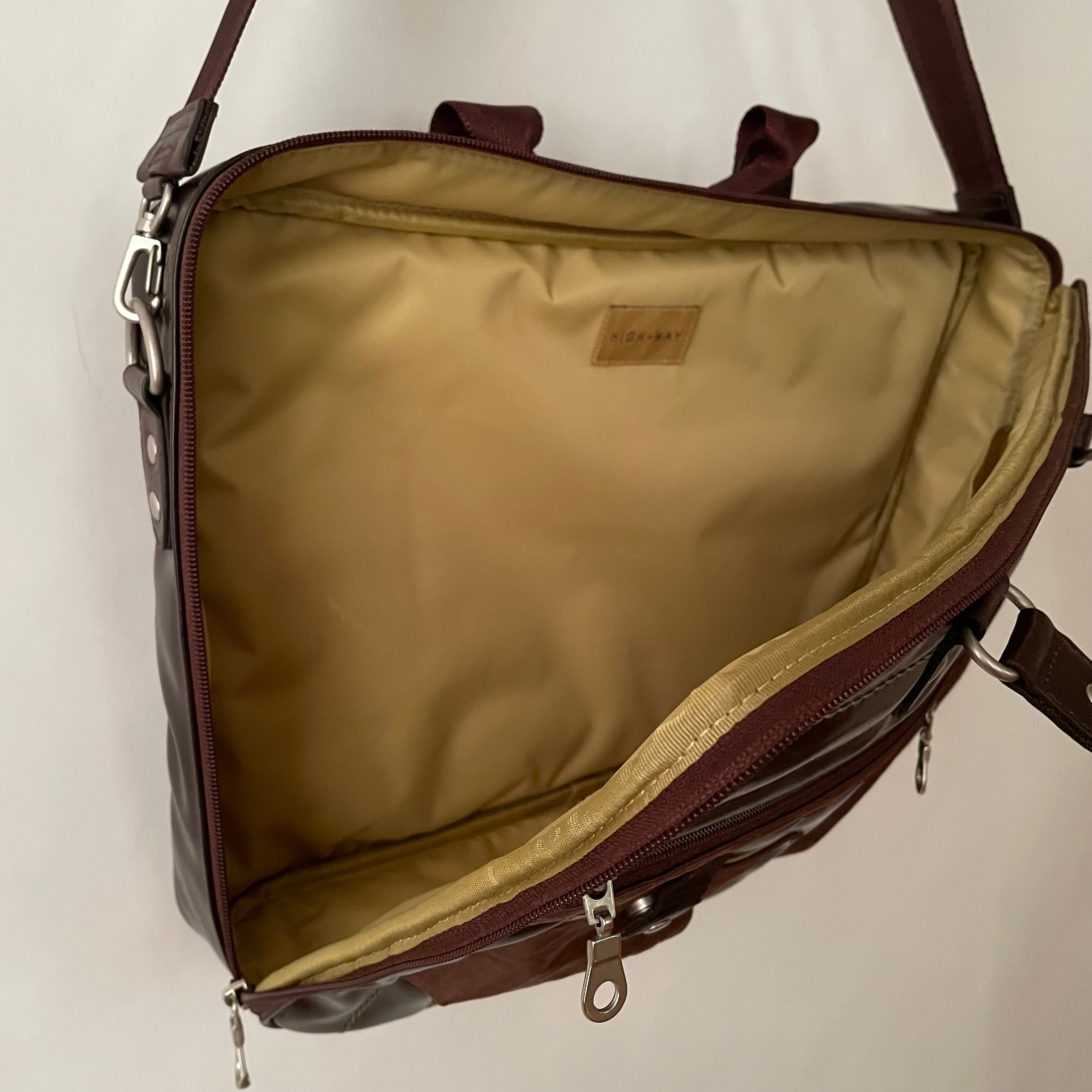 Premium Collection | Vegan Patent Leather x Nylon x Leather Handles Briefcase with Stripe Stitch Accents | Dark Chocolate