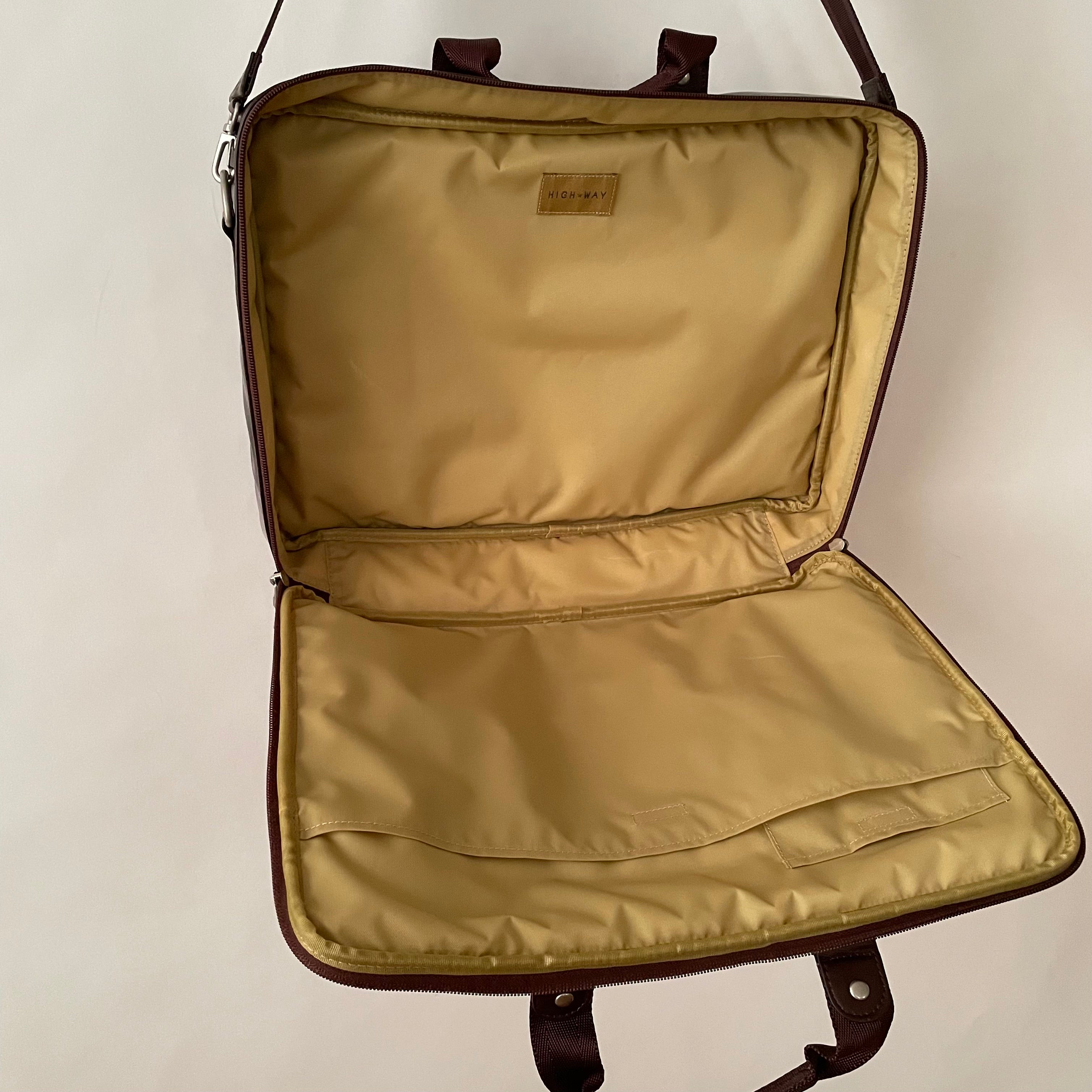 Premium Collection | Vegan Patent Leather x Nylon x Leather Handles Briefcase with Stripe Stitch Accents | Dark Chocolate