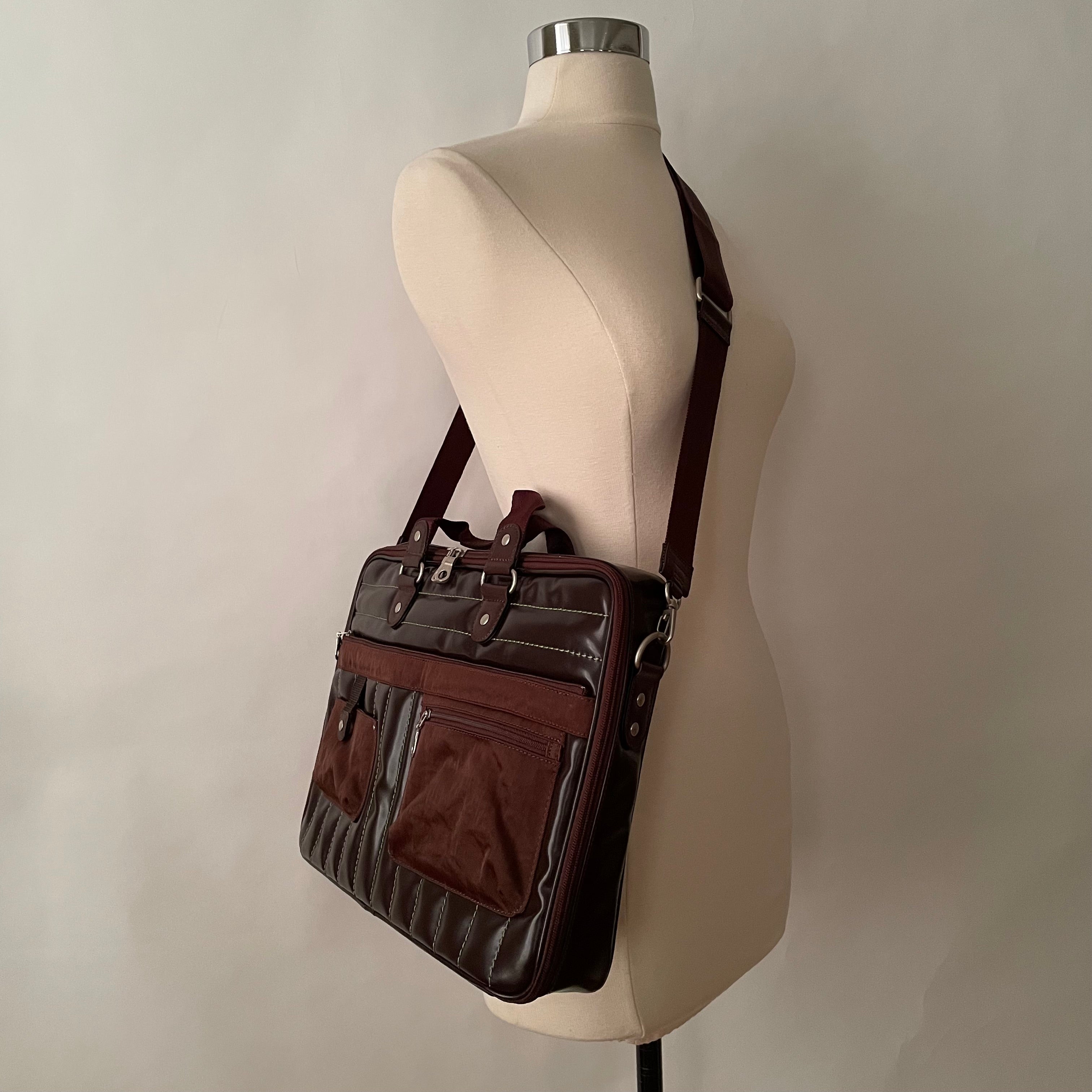 Premium Collection | Vegan Patent Leather x Nylon x Leather Handles Briefcase with Stripe Stitch Accents | Dark Chocolate