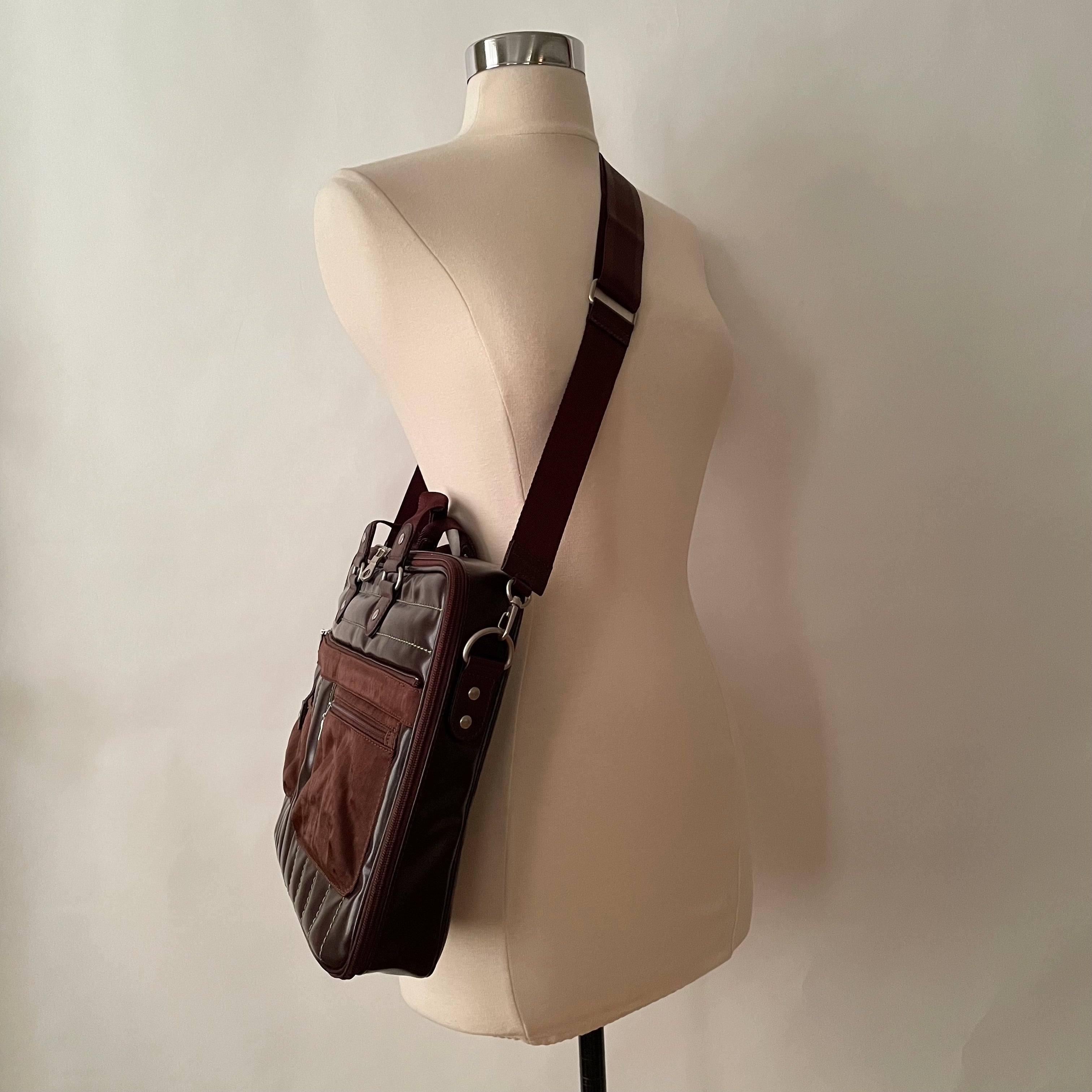 Premium Collection | Vegan Patent Leather x Nylon x Leather Handles Briefcase with Stripe Stitch Accents | Dark Chocolate