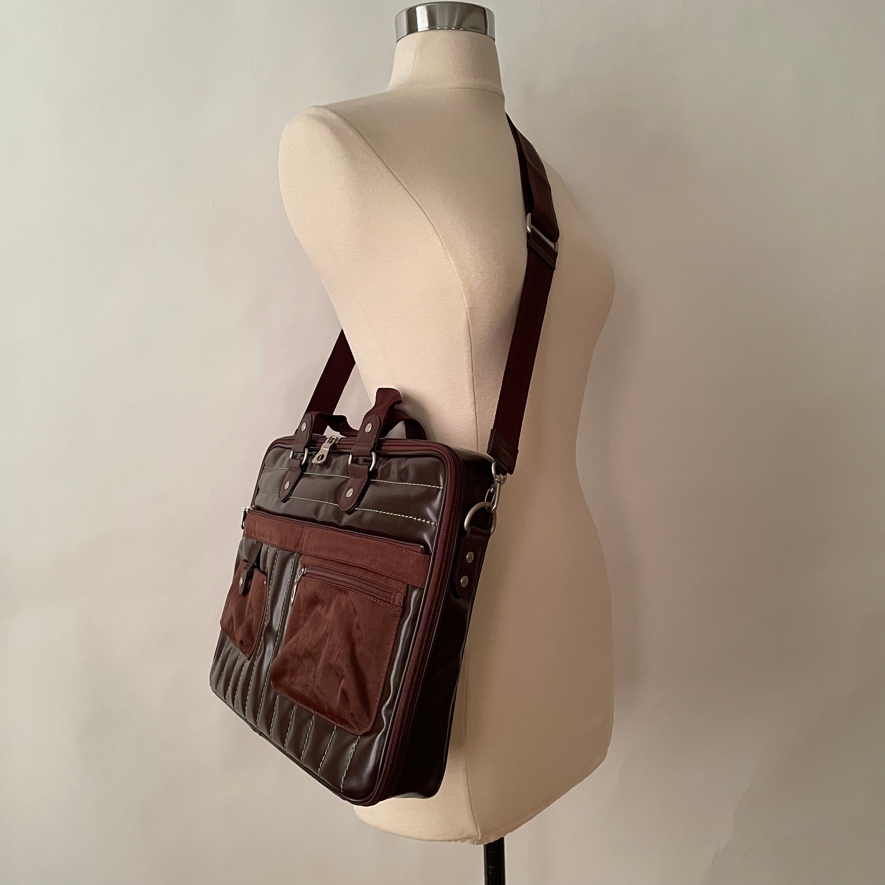 Premium Collection | Vegan Patent Leather x Nylon x Leather Handles Briefcase with Stripe Stitch Accents | Dark Chocolate