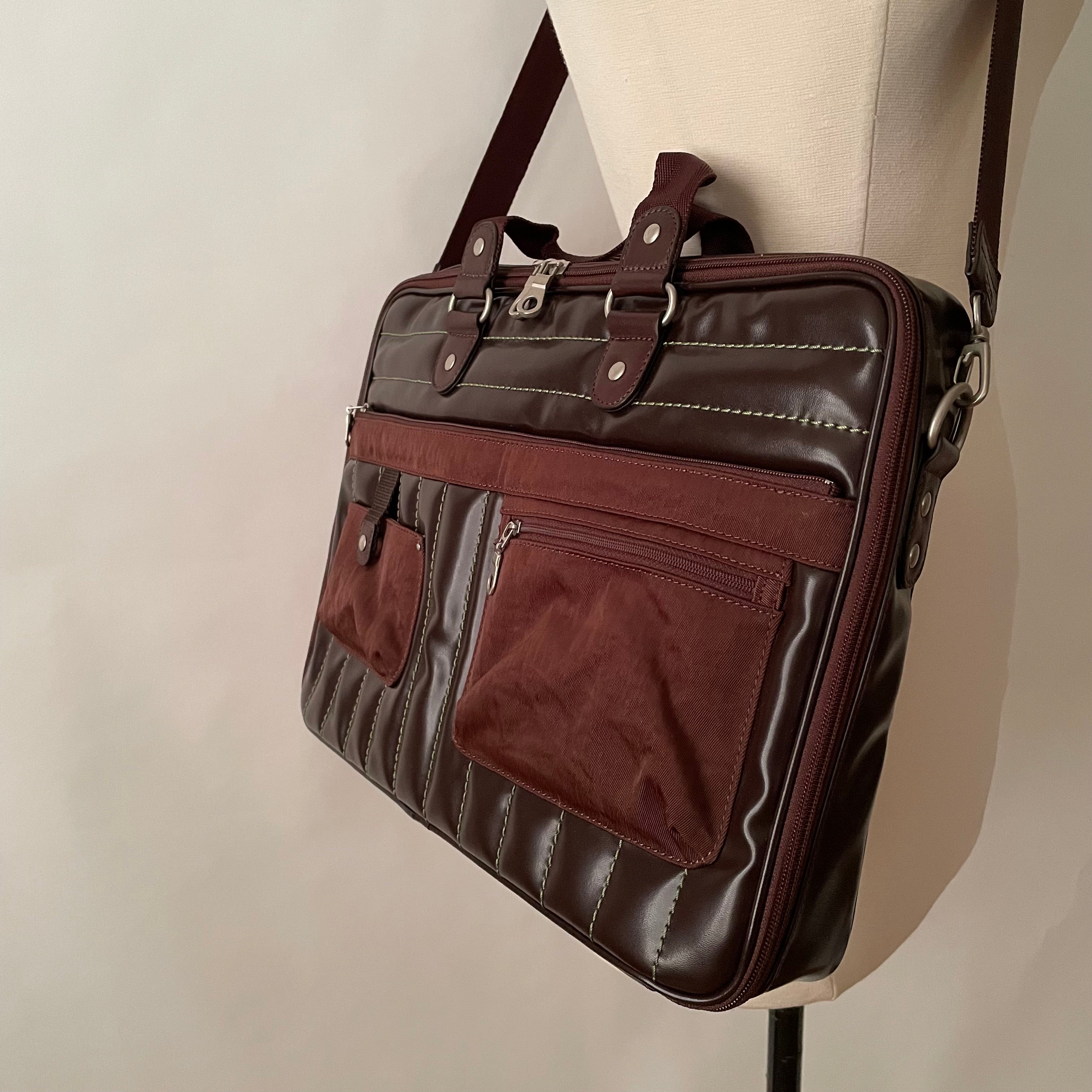 Premium Collection | Vegan Patent Leather x Nylon x Leather Handles Briefcase with Stripe Stitch Accents | Dark Chocolate