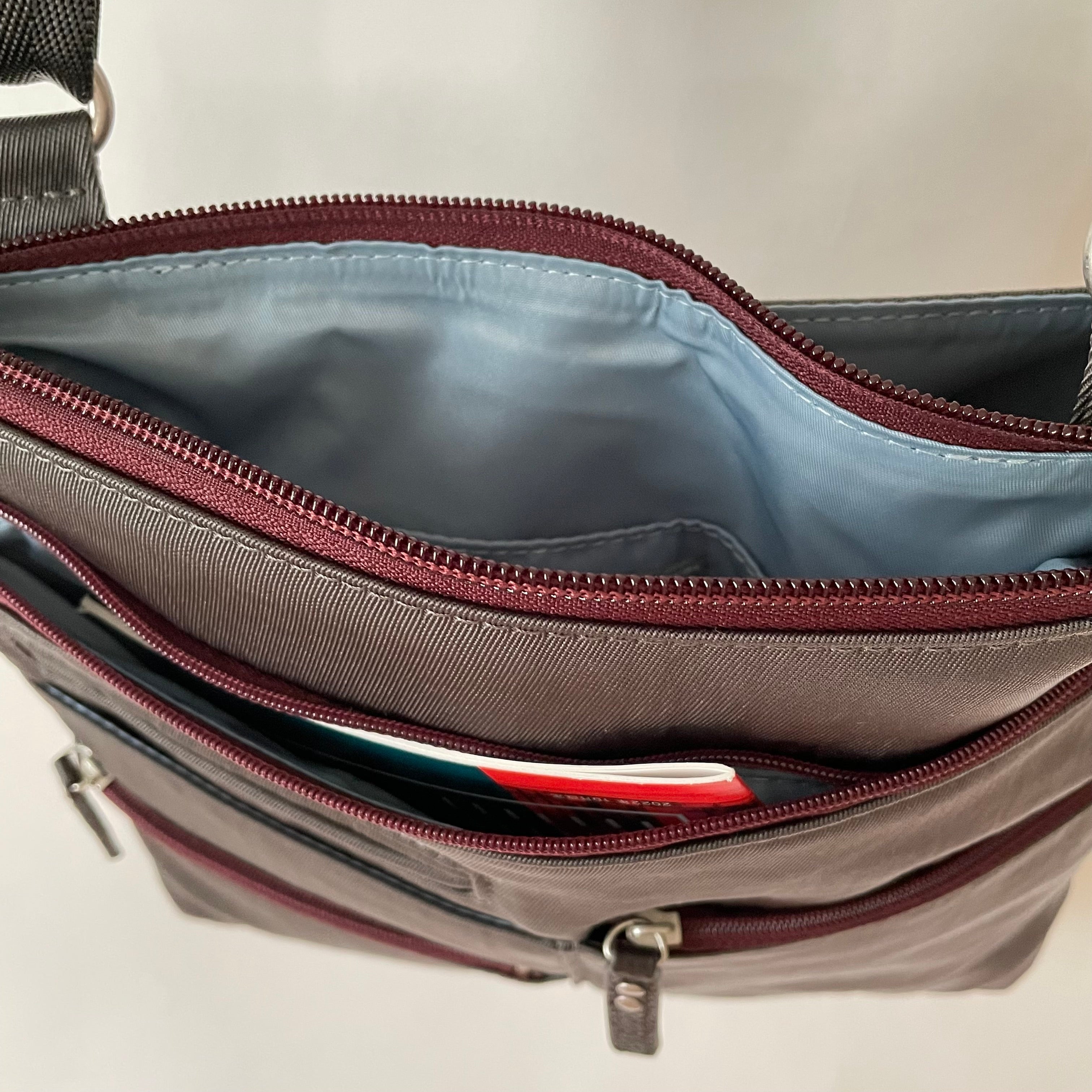 NICO - Grey x Maroon | Multi-Pocket Shoulder Bag | Small
