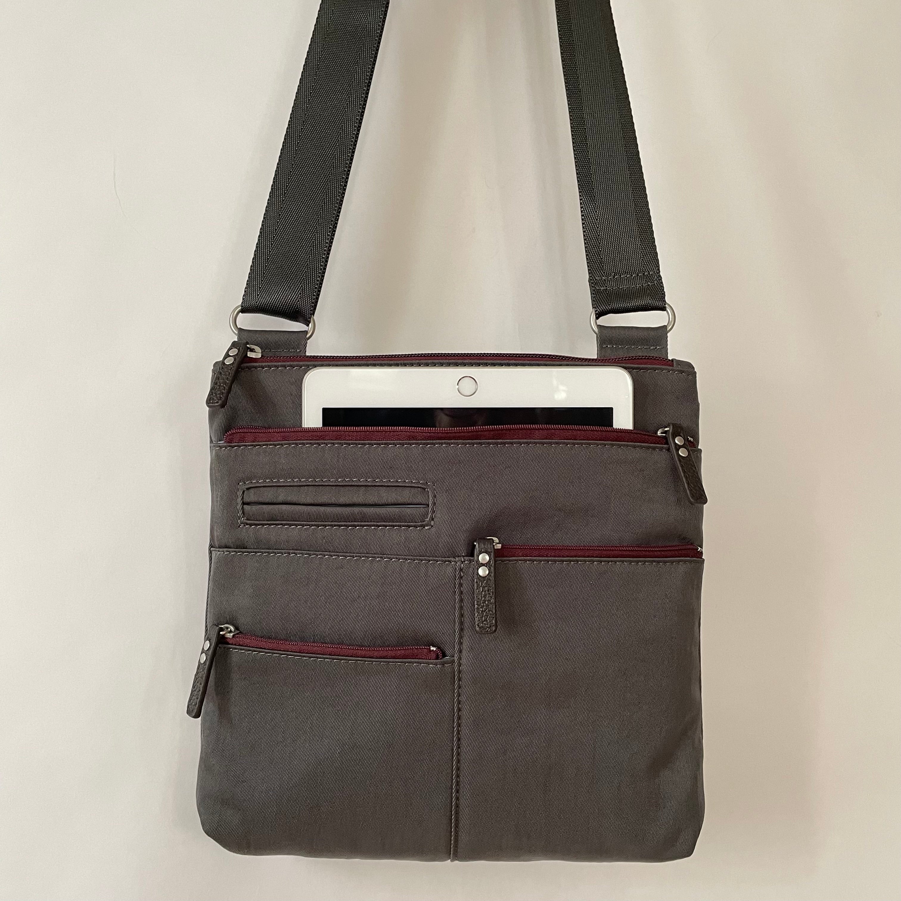 NICO - Grey x Maroon | Multi-Pocket Shoulder Bag | Small