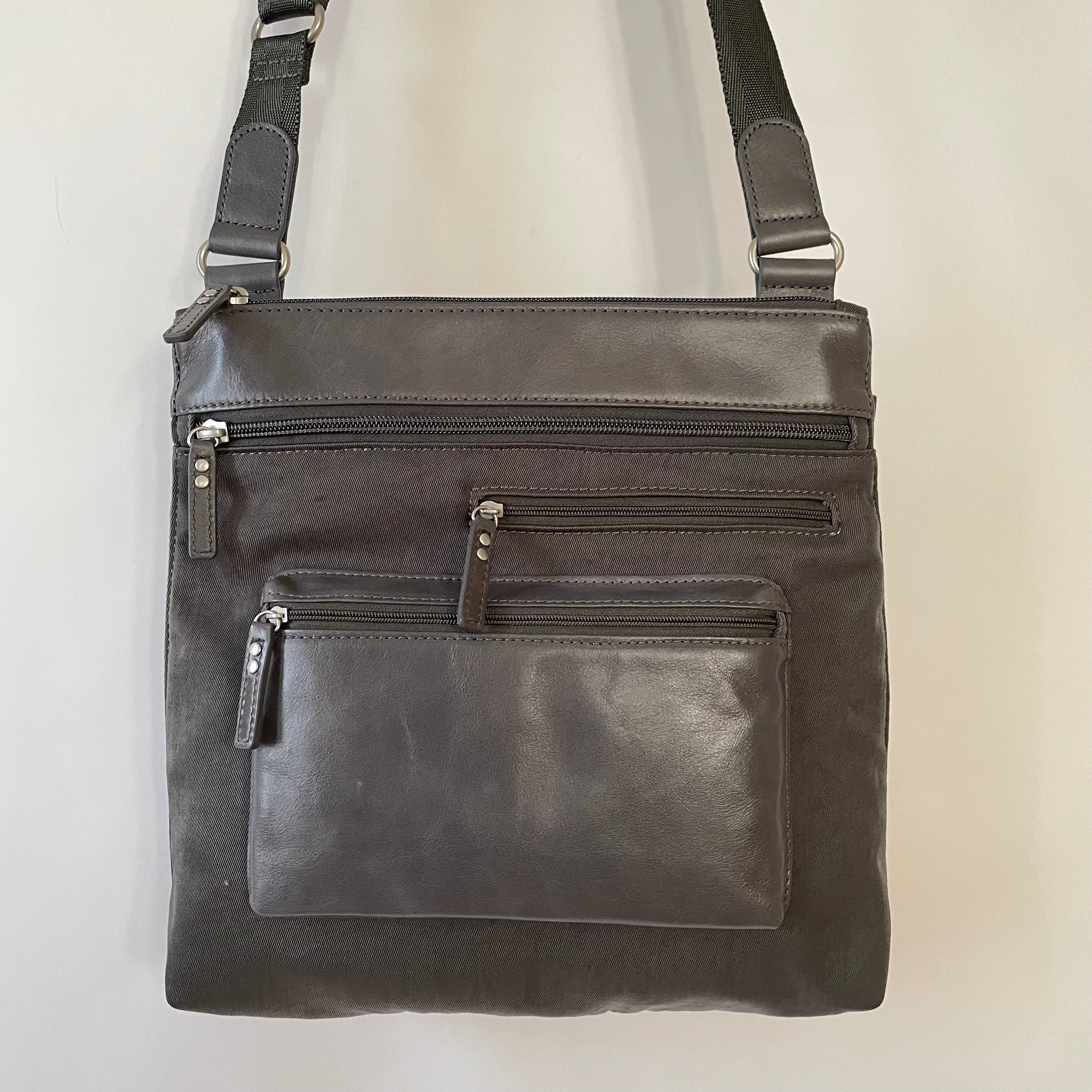 ALICE - Medium Nylon x Leather Shoulder with Front Pocket | Cross-Body Adjustable Shoulder Straps | Grey