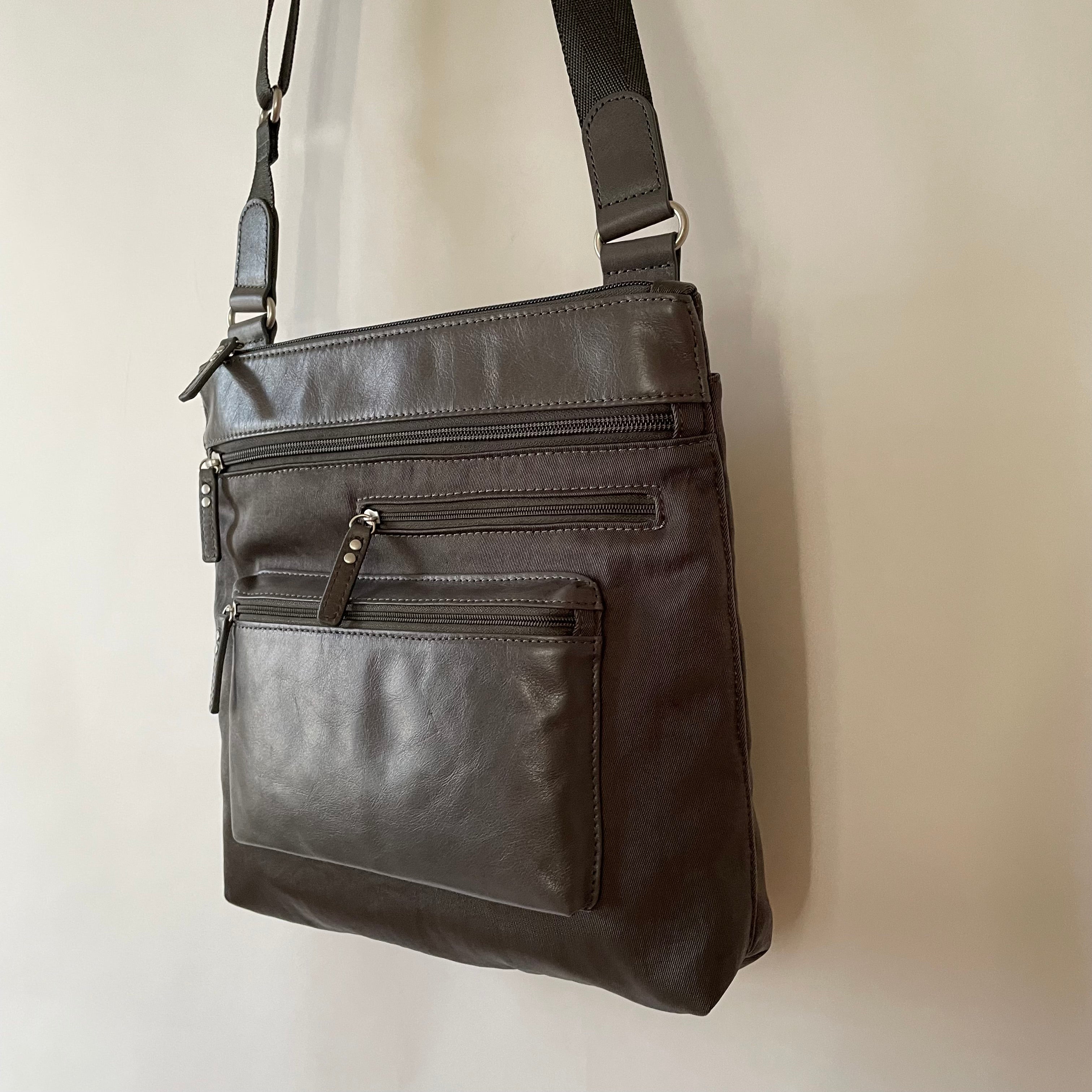 ALICE - Medium Nylon x Leather Shoulder with Front Pocket | Cross-Body Adjustable Shoulder Straps | Grey