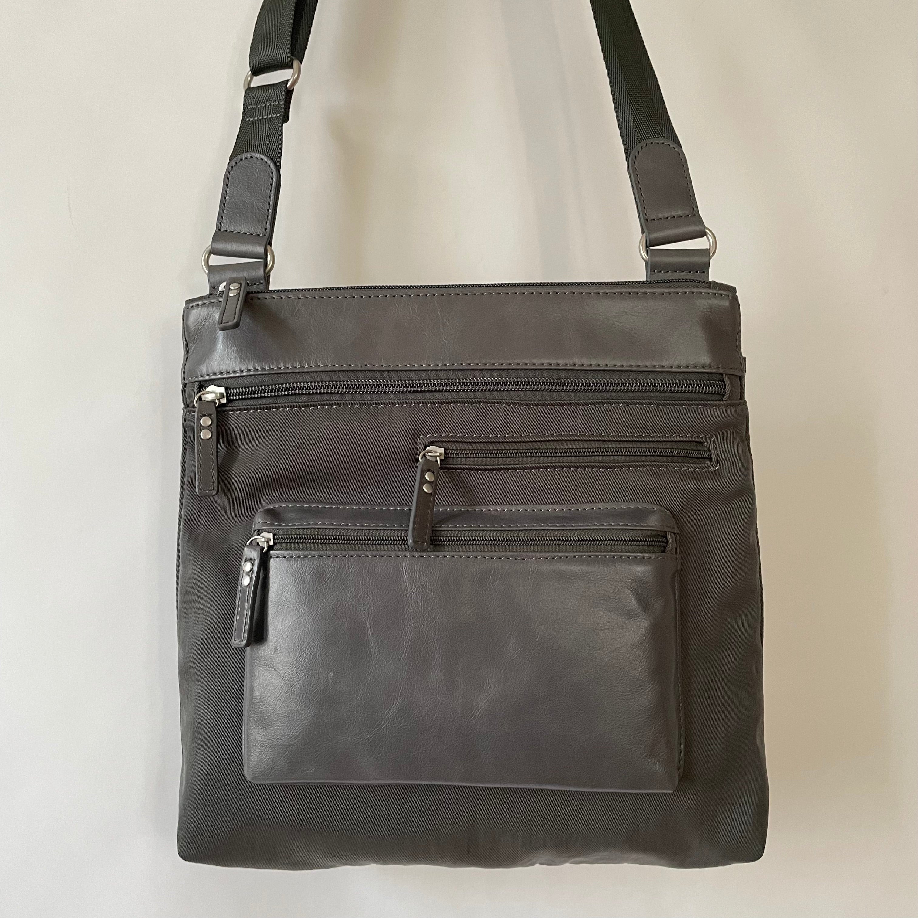 ALICE - Medium Nylon x Leather Shoulder with Front Pocket | Cross-Body Adjustable Shoulder Straps | Grey