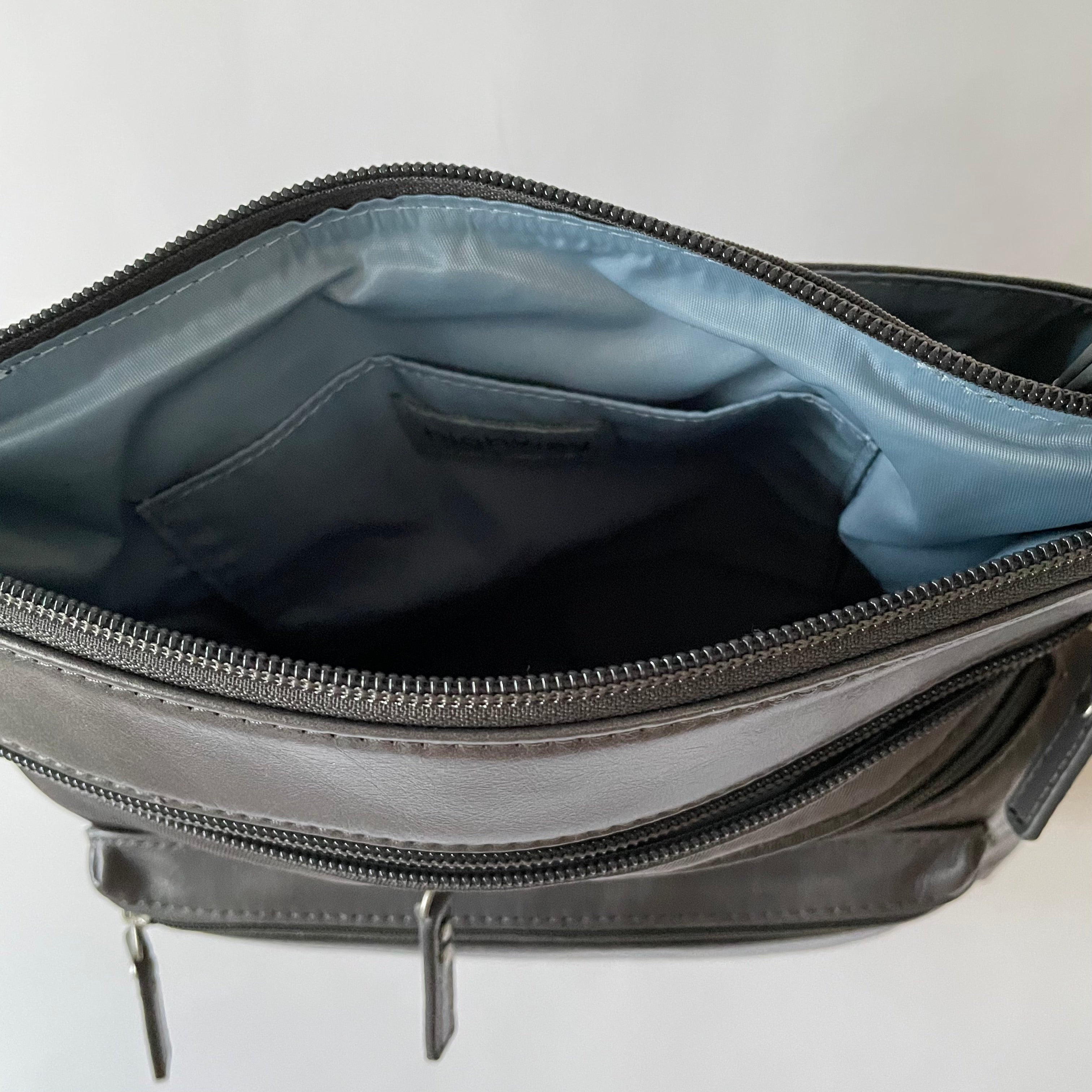 ALICE - Medium Nylon x Leather Shoulder with Front Pocket | Cross-Body Adjustable Shoulder Straps | Grey