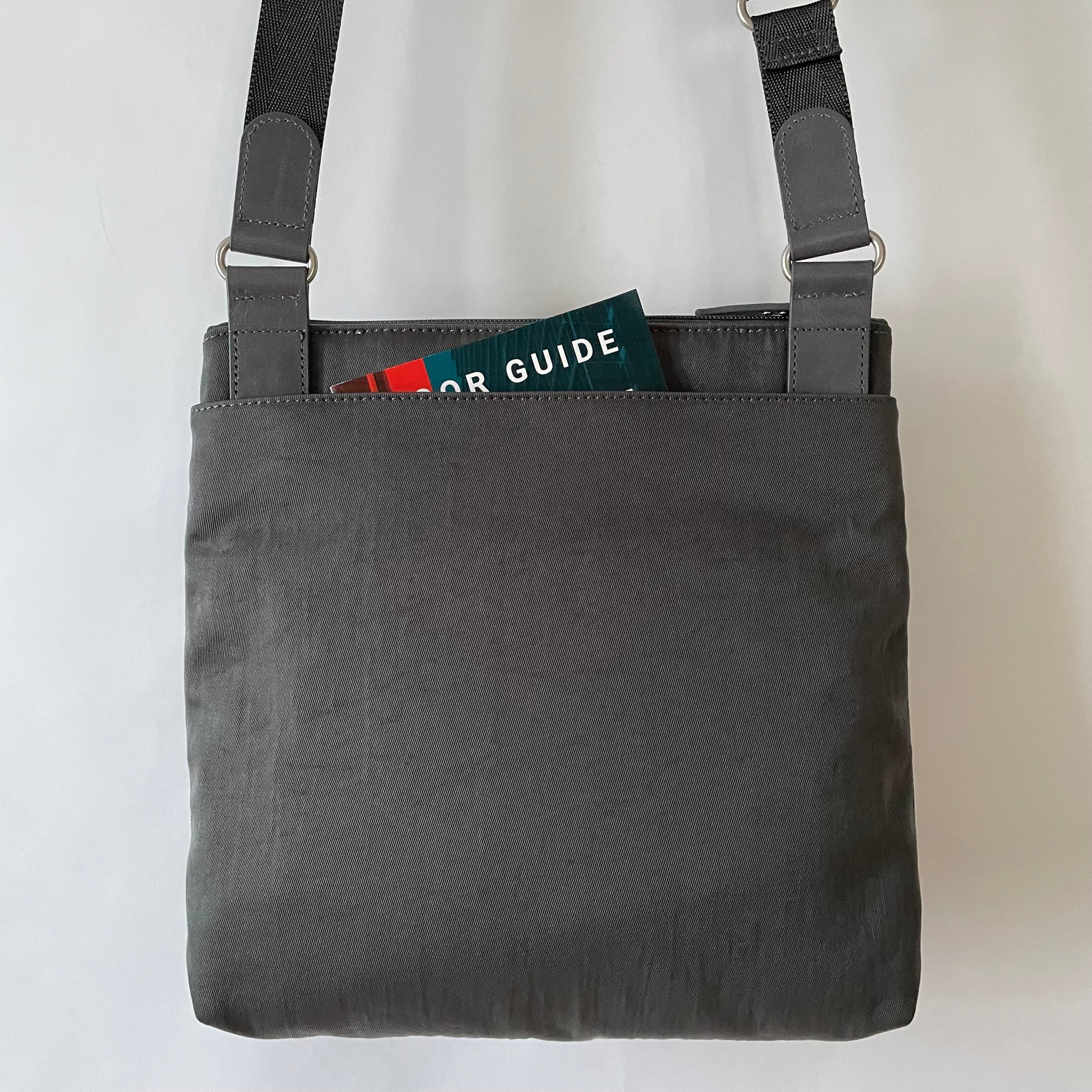 ALICE - Medium Nylon x Leather Shoulder with Front Pocket | Cross-Body Adjustable Shoulder Straps | Grey