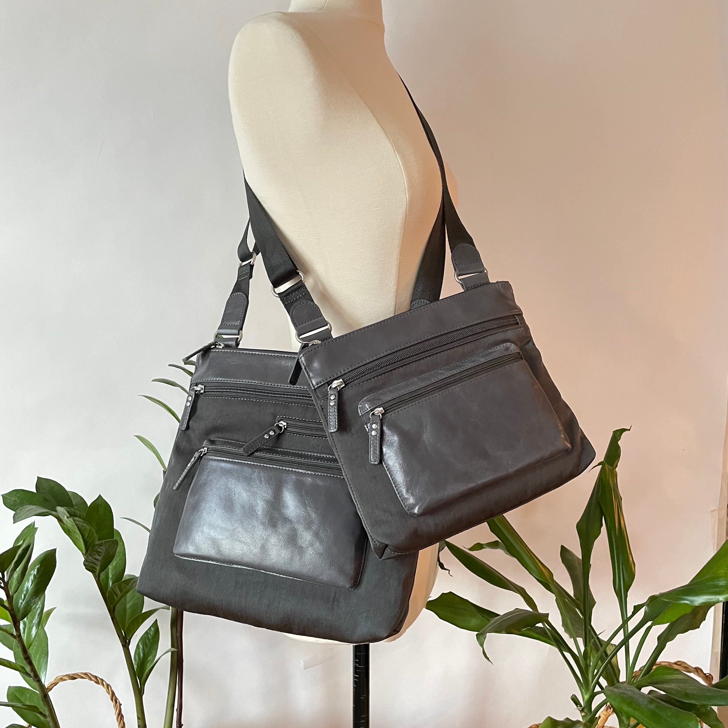 ALICE - Medium Nylon x Leather Shoulder with Front Pocket | Cross-Body Adjustable Shoulder Straps | Grey