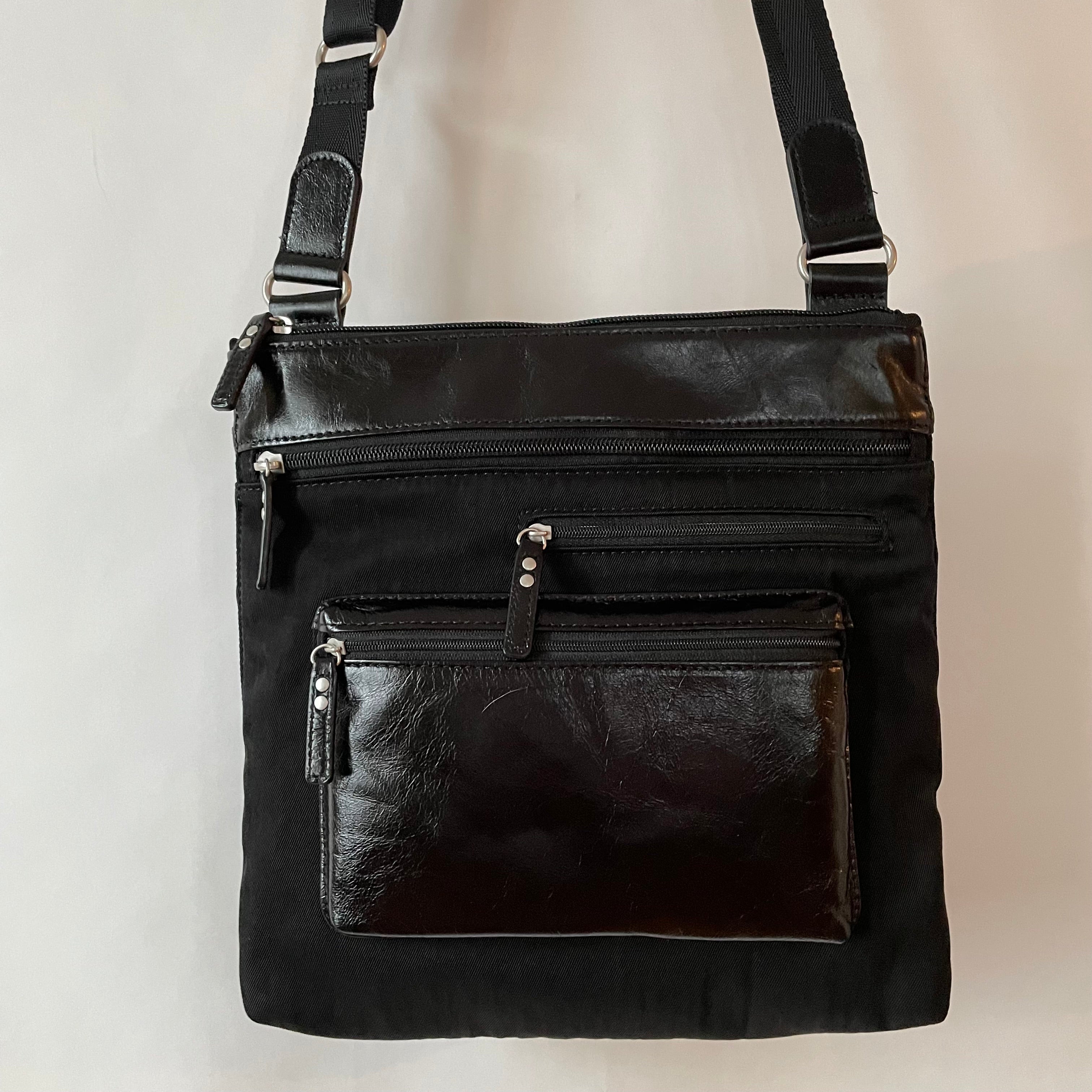 ALICE - Medium Nylon x Leather Shoulder with Front Pocket | Cross-Body Adjustable Shoulder Straps | Black