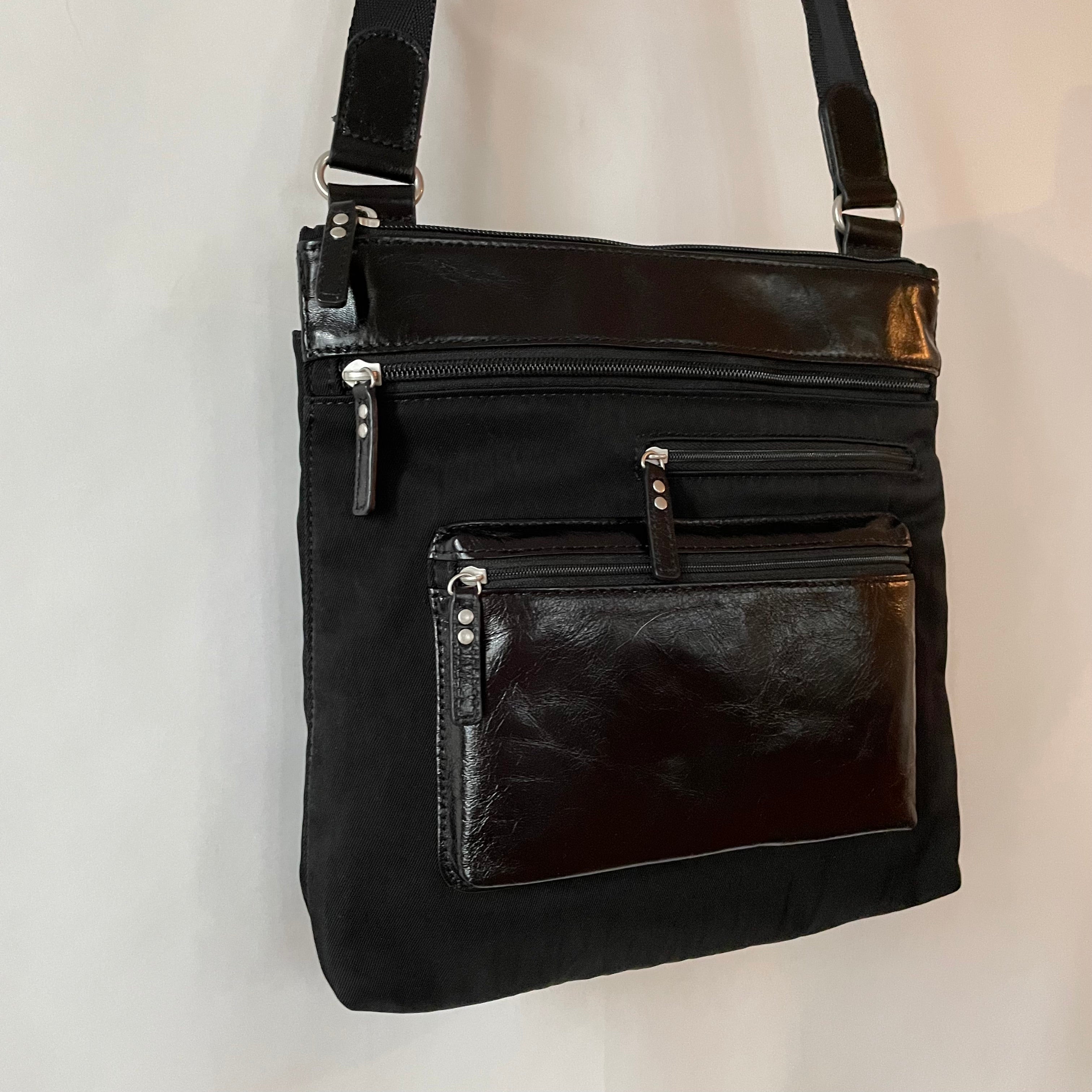 ALICE - Medium Nylon x Leather Shoulder with Front Pocket | Cross-Body Adjustable Shoulder Straps | Black